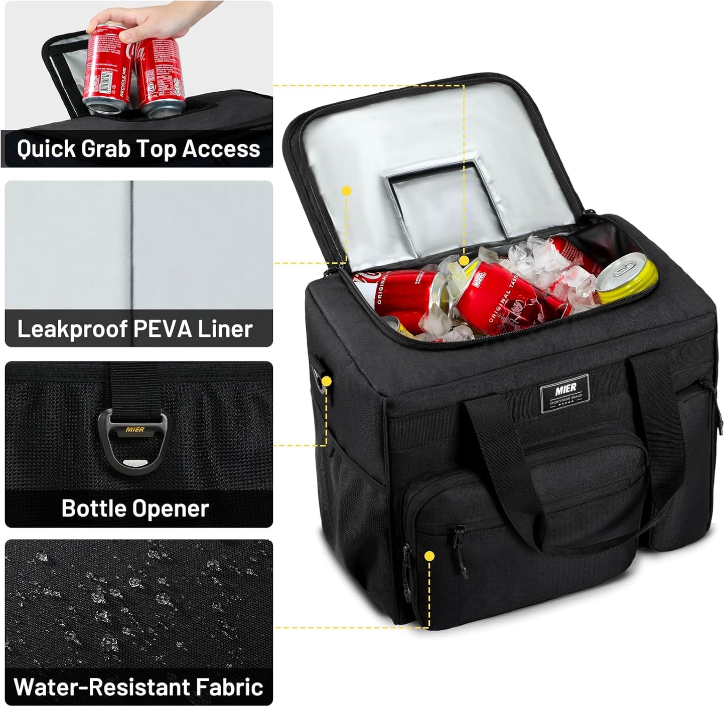 MIER 30L Extra Large Soft Cooler Bag with Bottle Opener for Camping Beach BBQ Grocery Golf Leakproof Picnic Lunch Bag, Collapsible, Top Flip Lid, 45Can (Black)