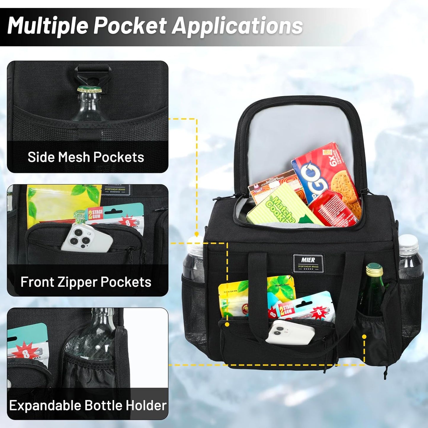 MIER Large Lunch Box for Men Women Adult Insulated Soft Sided Cooler 30 Can Leakproof Lunch Bag Collapsible for Work Travel Camping Beach, 18L (Black-No Luggage Strap)