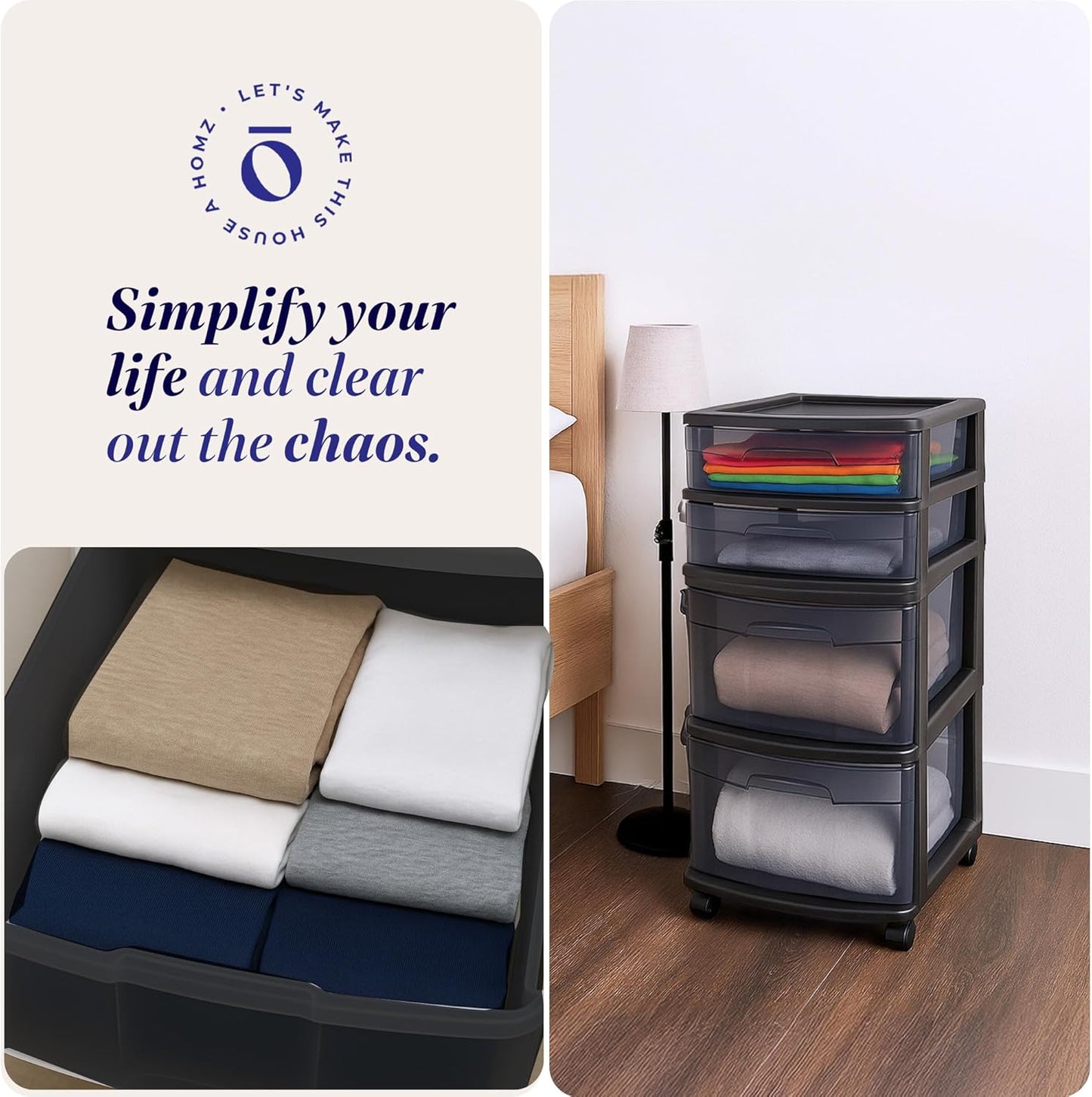 HOMZ 2-Pack Drawer Tower, 4-Tier Clear Plastic Storage Organizer Cart, Black Tint and Frame - Organizing Containers with Wheels for Home, Bathroom, Bedroom, Office, and Classroom