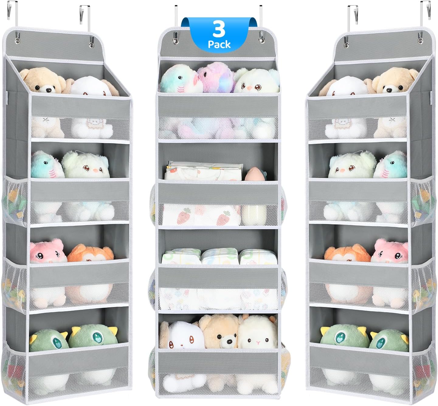 Yecaye 3 Pack Over the Door Organizer, 35.2lbs Load Toy Stuffed Animal Storage, Swing-proof Hanging Bathroom Organizers and Storage for Nursery Newborn Baby Essential Stuff Dorm Room Essentials Grey