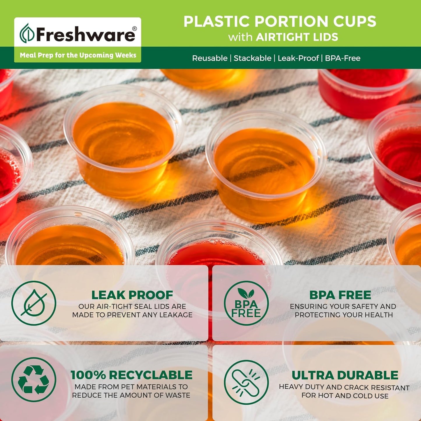 Freshware Plastic Portion Cups with Lids [3.25 Ounce, 200 Sets] Disposable Plastic Cups for Meal Prep, Salad Dressing, Jellos Shot Cups, Souffle Cups, Condiment and Dipping Sauce Cups