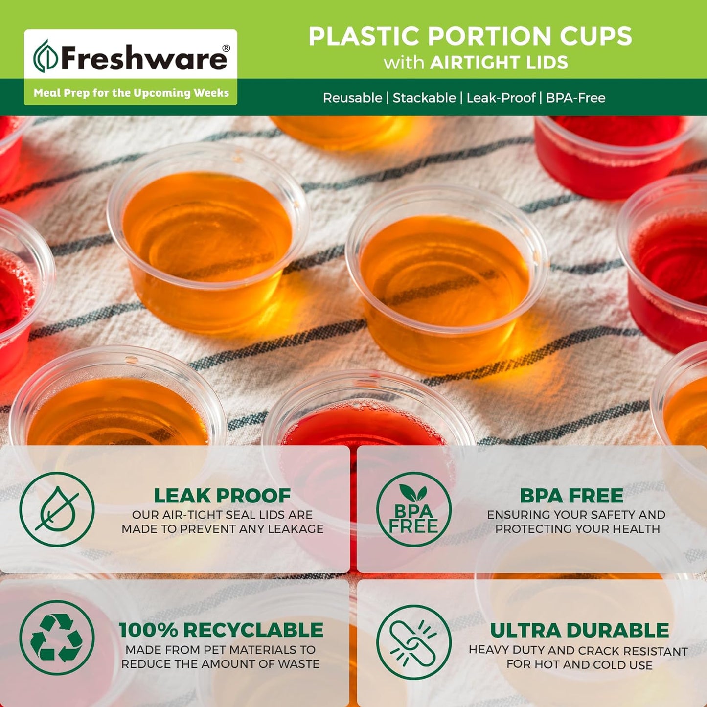 Freshware Plastic Portion Cups with Lids [2 Ounce, 100 Sets] Disposable Plastic Cups for Meal Prep, Salad Dressing, Jellos Shot Cups, Souffle Cups, Condiment and Dipping Sauce Cups