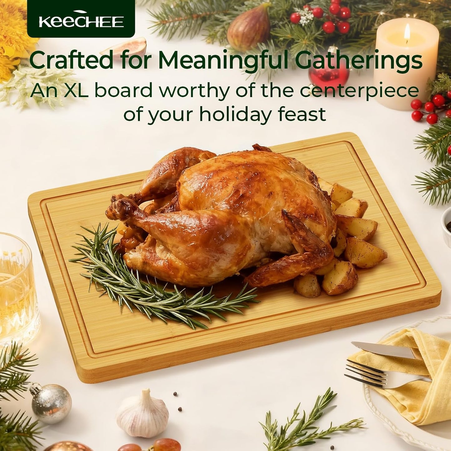 Kitchen Essentials Natural Bamboo Cutting Board XL With Durable, Knife-Friendly Surface & Deep Juice Groove – Perfect For BBQ(Pre Oiled, Natural)