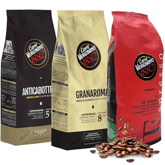 Caffe Vergnano 1882 Granaroma, Espresso, & Antica Bottega Whole Bean Arabica Medium Espresso Roast Coffee, 1.1lbs Bag - Italian Coffee Beans -500g Bag (3 Pk)