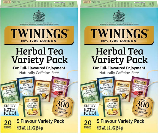 Twinings Herbal Tea Variety Pack, 20 Count (Pack of 2), Formerly Assorted Herbal, Includes 5 Flavours, Naturally Caffeine-Free, Enjoy Hot or Iced, 20 Teabags