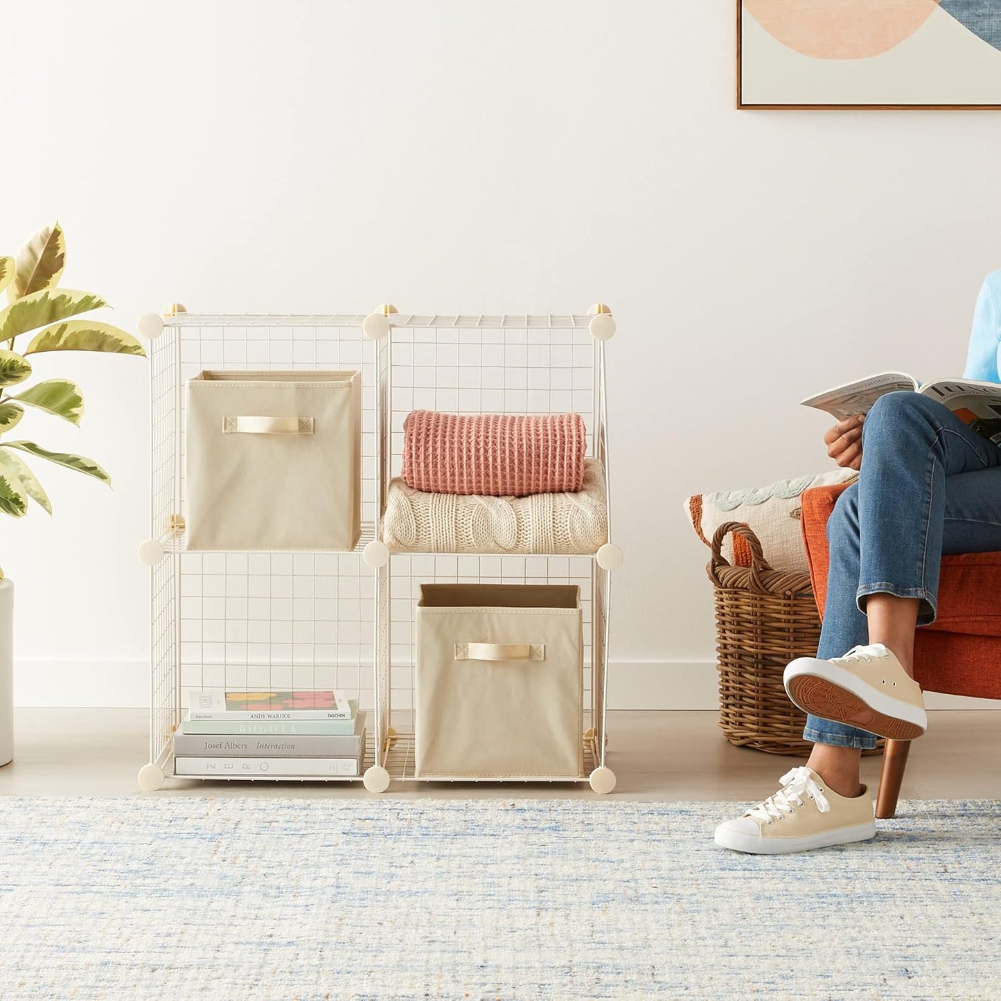 Amazon Basics 4 Cube Storage Organizer - Wire Grid Closet and Storage Shelves, Stackable, White 14"x14"x14"