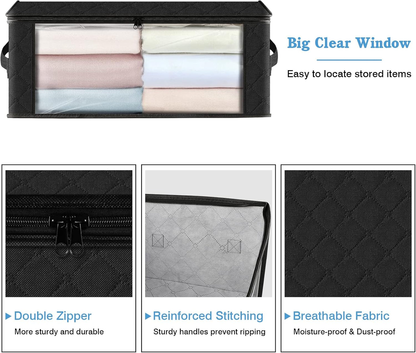 HomeHacks 6-Pack Clothes Organizer Storage Bags Foldable Storage Box with Large Clear Window Sturdy Handles for Closet, Dorm, Pillows, Bedding, Clothes, Stuffed Toys, Blankets, 35L, Black