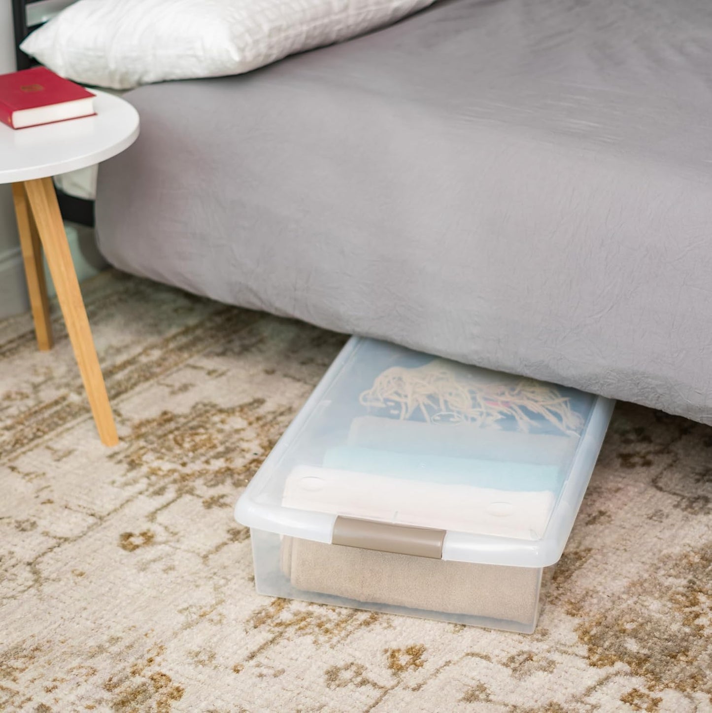 IRIS USA 40 Qt Plastic Under Bed Storage Nestable Organizer Bin Container with Secure Lids and Durable Buckles, 1-Pack, Under Bed Storage Containers for Clothes Shoes Bedding, Gray/Clear