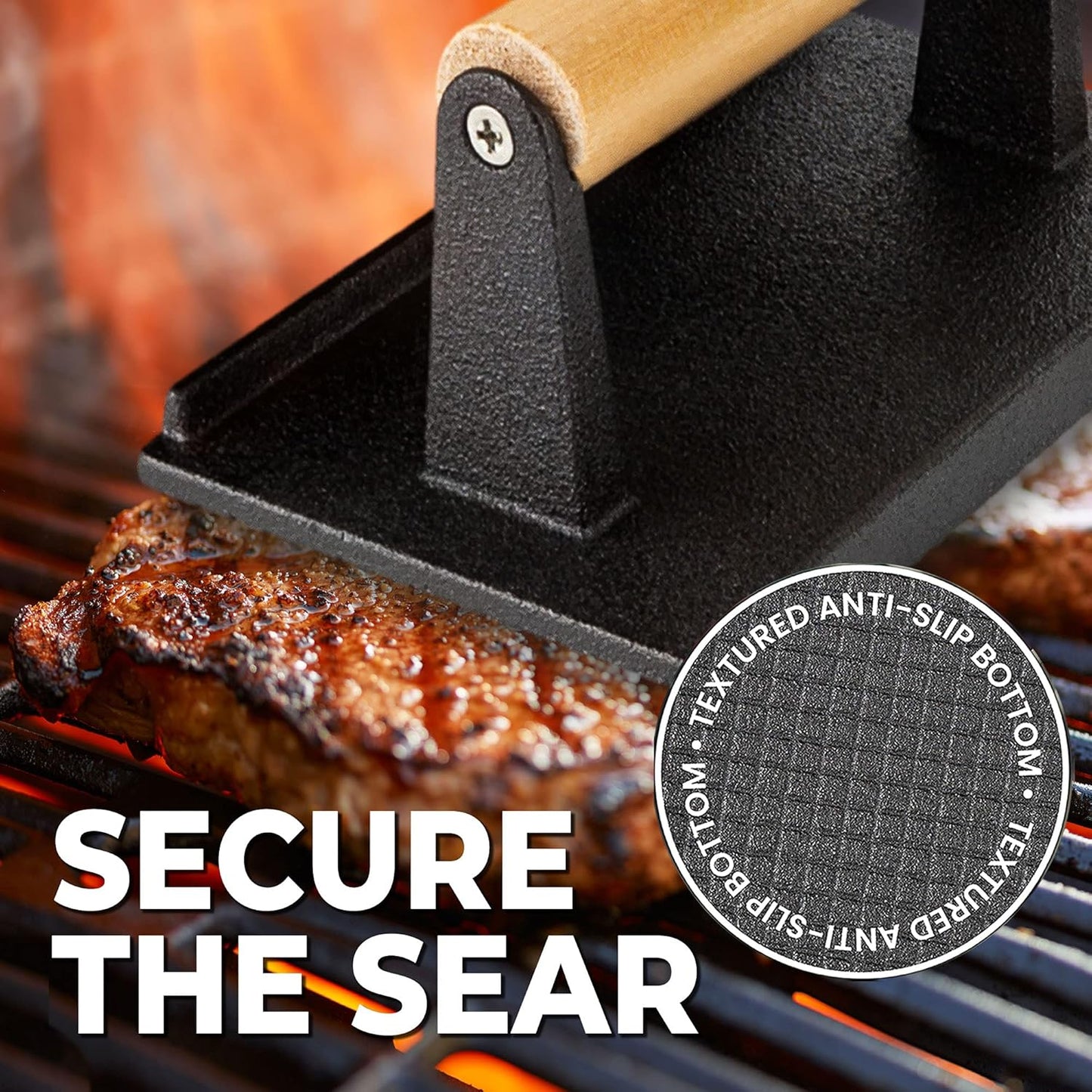 Cast Iron Grill Press (Set of 2) - 8 x 4 Inch, 2.6 lb Griddle Press with Cool-Touch Wood Handle - Pre-seasoned for Steak, Burgers, Sandwiches, and Paninis – Non-Stick Grill Weight