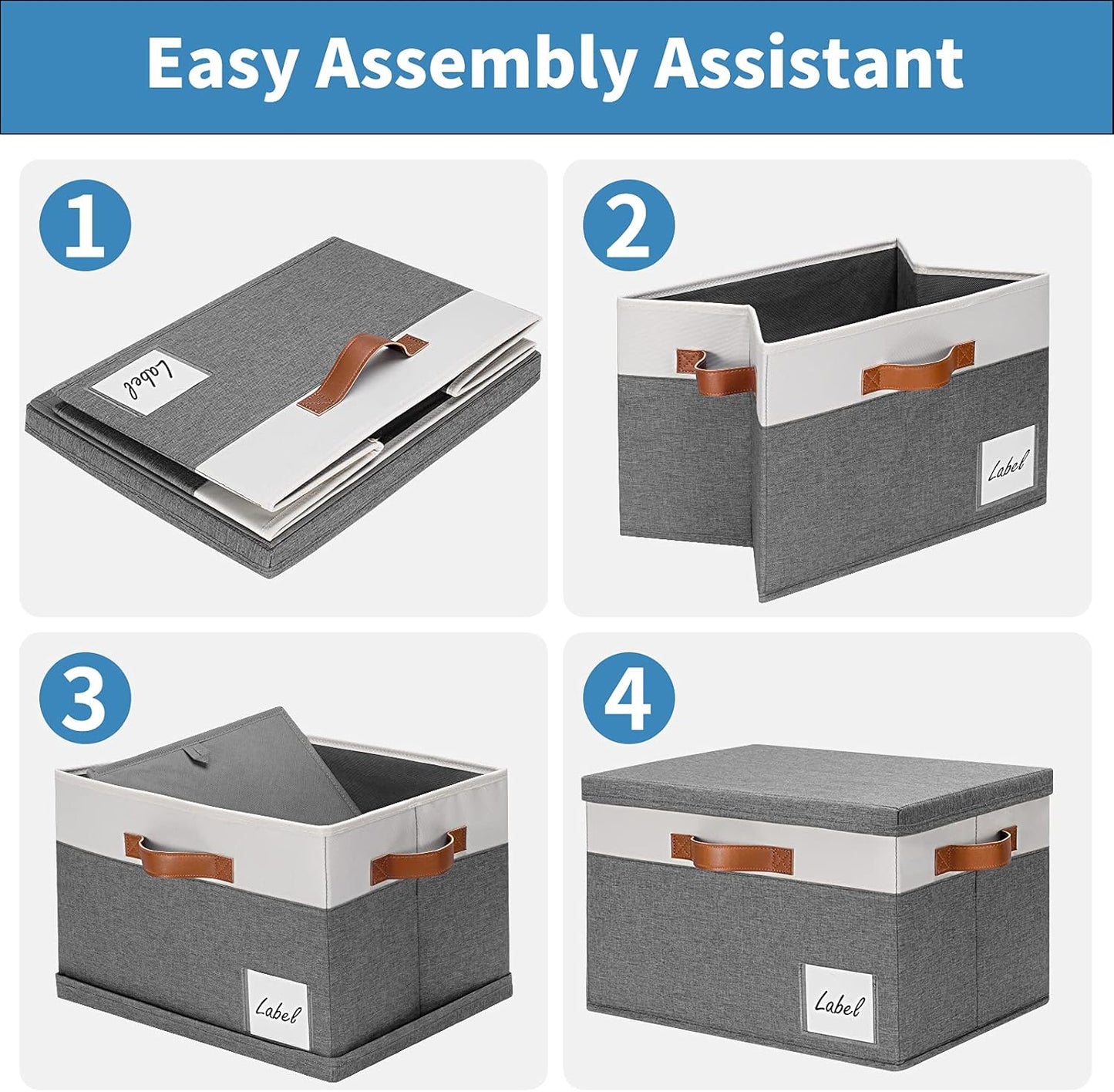 GhvyenntteS 6 Pack Fabric Storage Bins with Lid, Large Closet Storage Bins with Lid and 3 PU Handles, Foldable Fabric Storage Boxes with Label Window for Home Bedroom Office (Grey, Large)