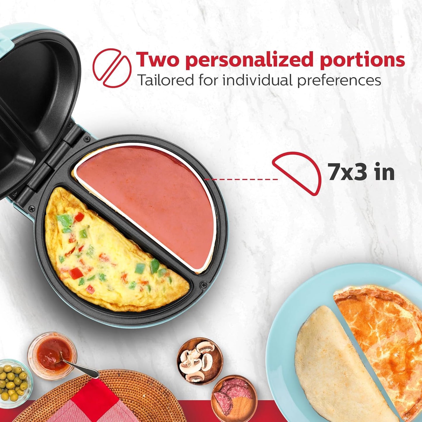 Holstein Housewares Stainless Steel 2 Section Omelet & Frittata Maker, Non Stick Coating, Easy To Clean, Indicator Lights, Compact Storage, Prepare Versatile Recipes in Minutes. 2 Portions, Mint