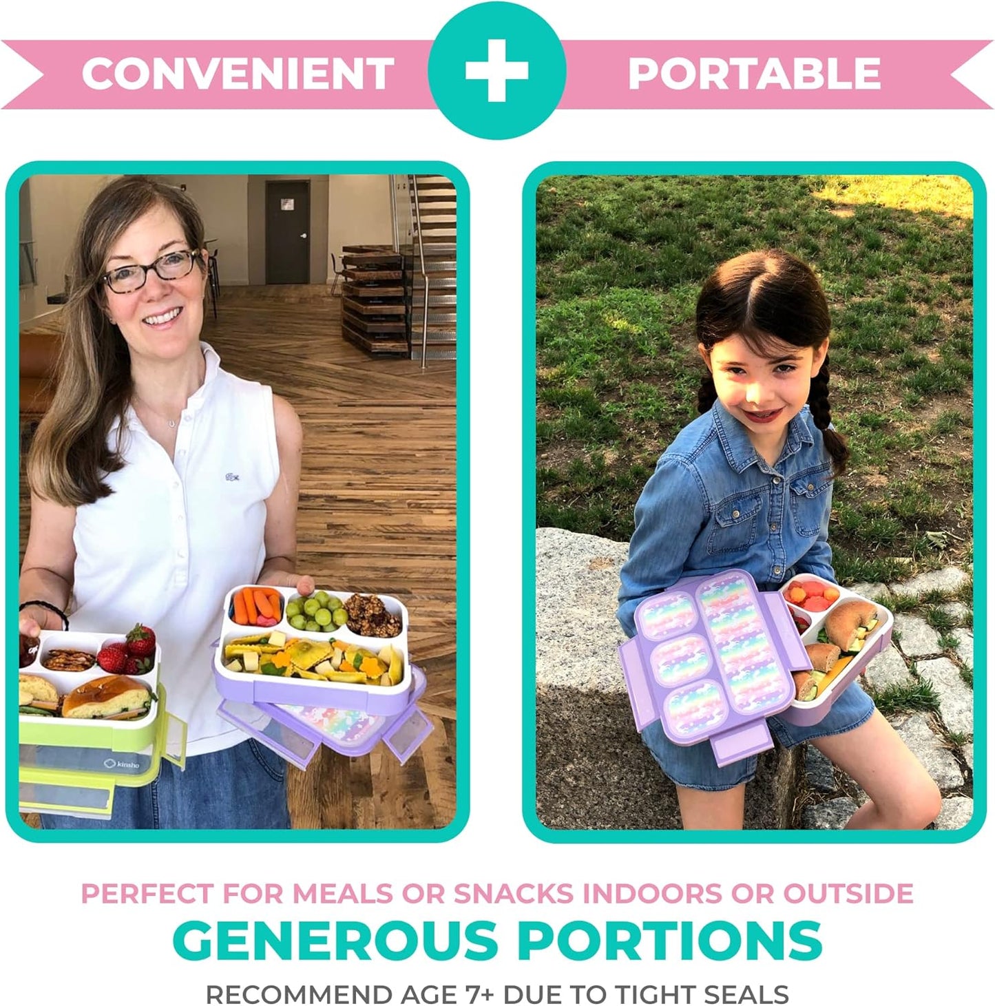 kinsho Bento-Box Lunch-Boxes for Kids, Girls, Lunch and Snack Containers for Toddler Daycare, School, Travel BPA-Free, 4 Divided Compartments Utensils (Purple Rainbow Unicorn, 2 Pack)