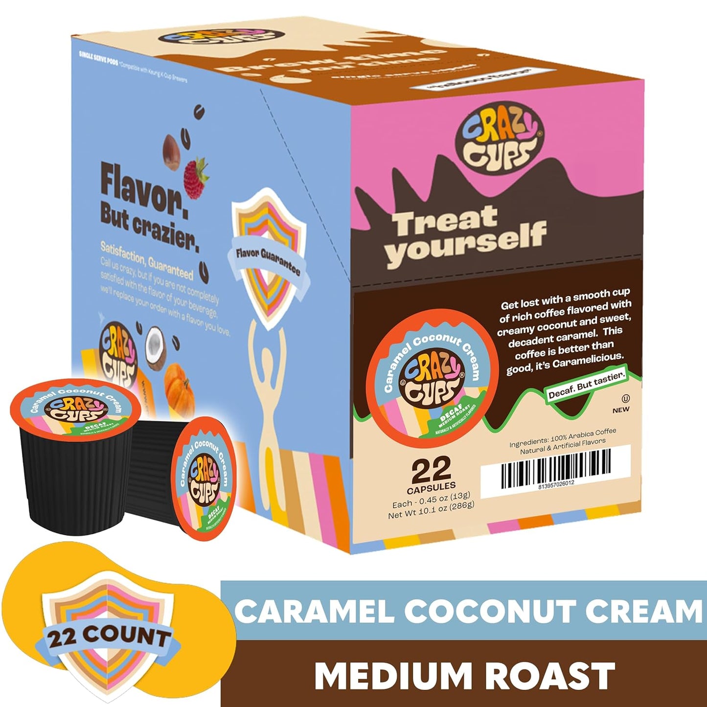 Crazy Cups Decaf Flavored Coffee Pods, Decaffeinated Coconut Caramelicious Flavored Coffee, Single Serve Hot or Iced Medium Roast Coffee for Keurig K Cups Machines, 22 Count