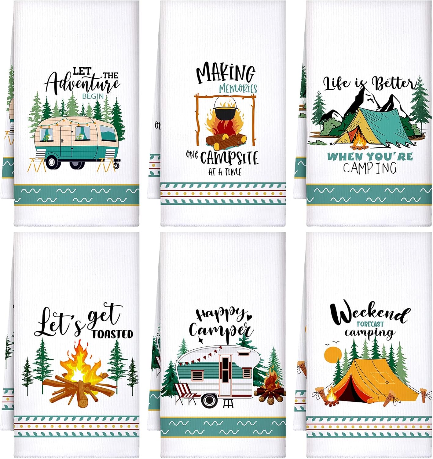 Set of 6 Camping Kitchen Towels White Absorbent Dishcloth Bonfire Tent Car Tea Towels 24 x 16 Inches with Funny Sayings Novelty Gifts for Campers Happy Camper Camping Accessories for Rv Campers