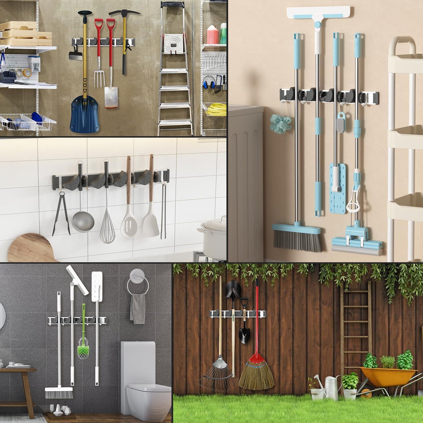 Holikme Mop Broom Holder Wall Mount Metal Pantry Organization and Storage Garden Kitchen Tool Organizer Wall Hanger for Home Goods (4 Positions with 4 Hooks, Black)