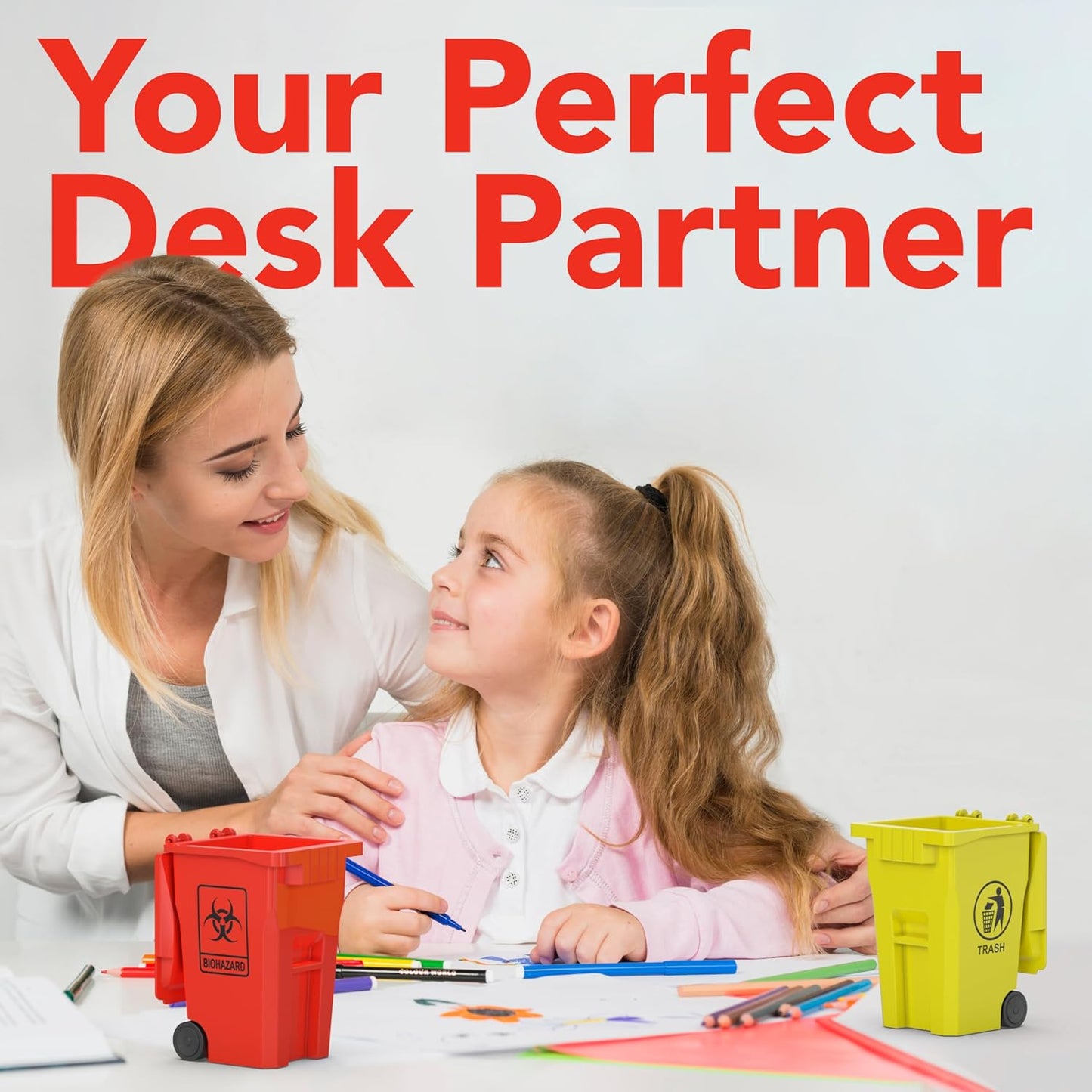 Wiosi Mini Garbage Trash Pen Holder for Desk and Tiny Recycle Bin Pencil Holder Red & Yellow, Pack of 2 - Storage for Pencil & Pen | Office Stationery to Organize The Desk | Ideal for Student Work