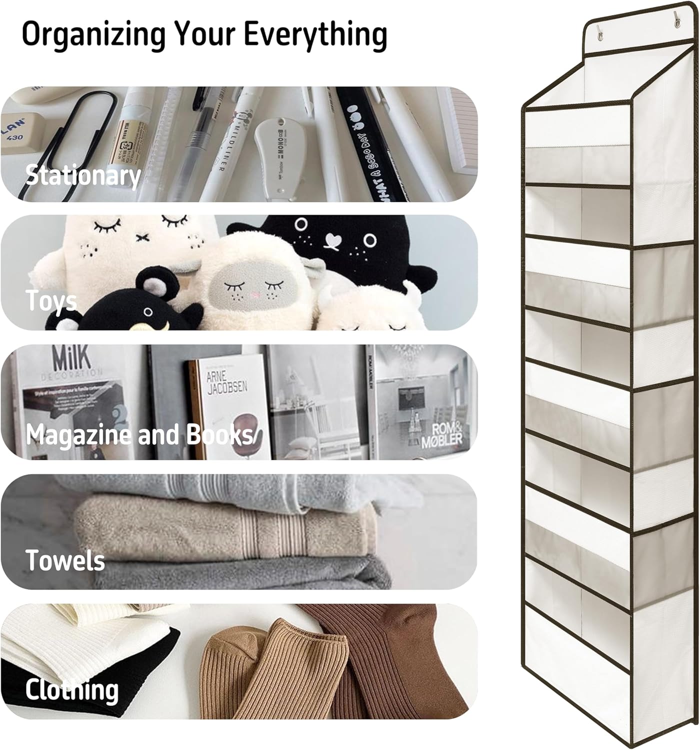 Over Door Organizer with 5 Large Pockets, Heavy Duty Hanging Organizer Storage, Closet Bathroom Nursery Bedroom Dorm, Toys Cosmetics Sundries and Baby Essentials, White