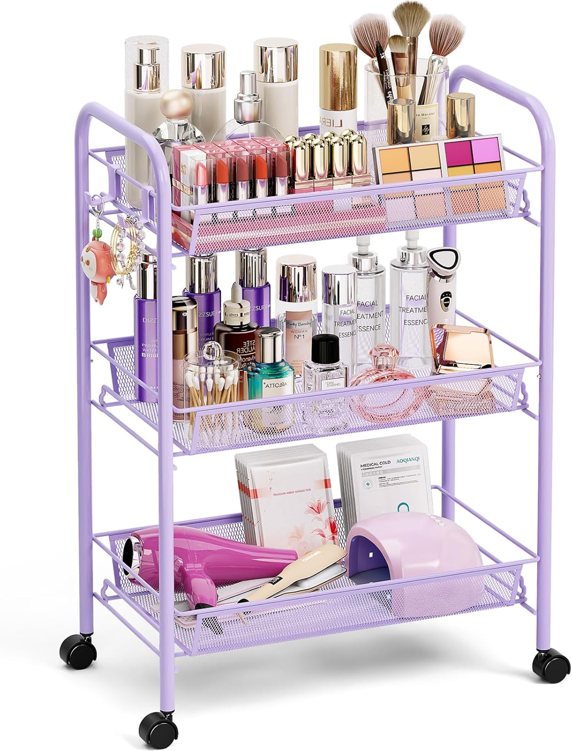 TOOLF 3-Tier Metal Rolling Cart, Mesh Wire Easy Assemble Utility Cart, Storage Trolley on Wheels with 3 Hooks, MetalStorage Shelving Units for Kitchen Bathroom Laundry Room