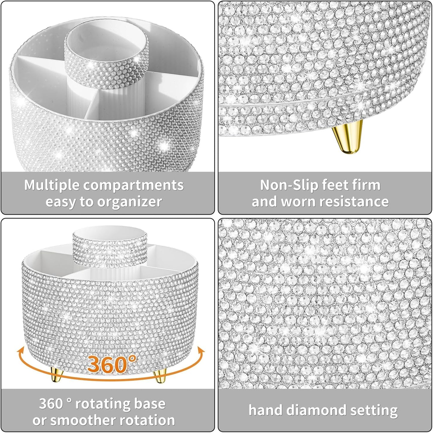 Bling 360° Rotate Makeup Brush Holder Organizer, Makeup Organizers Countertop, Makeup organization and Skincare Storage for Vanity, Gift for Women Girls (Bling dz-White)