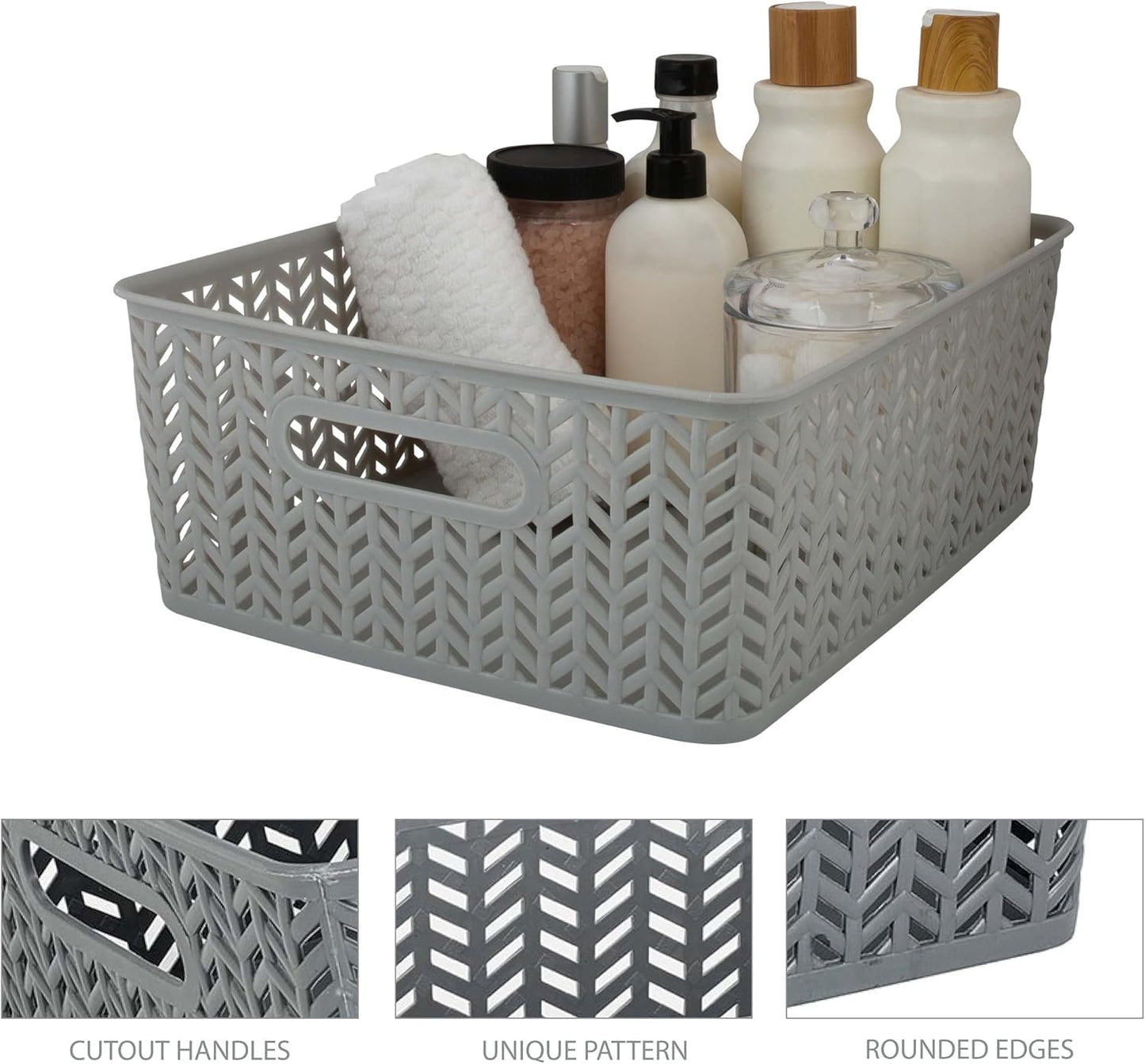 Simplify 2 Pack Medium Herringbone Storage Basket | Dimensions: 14"x11.5"x5.15" | Sturdy Polypropylene Plastic | 2 Open Handles | Lightweight | Home Organization | Heather Grey
