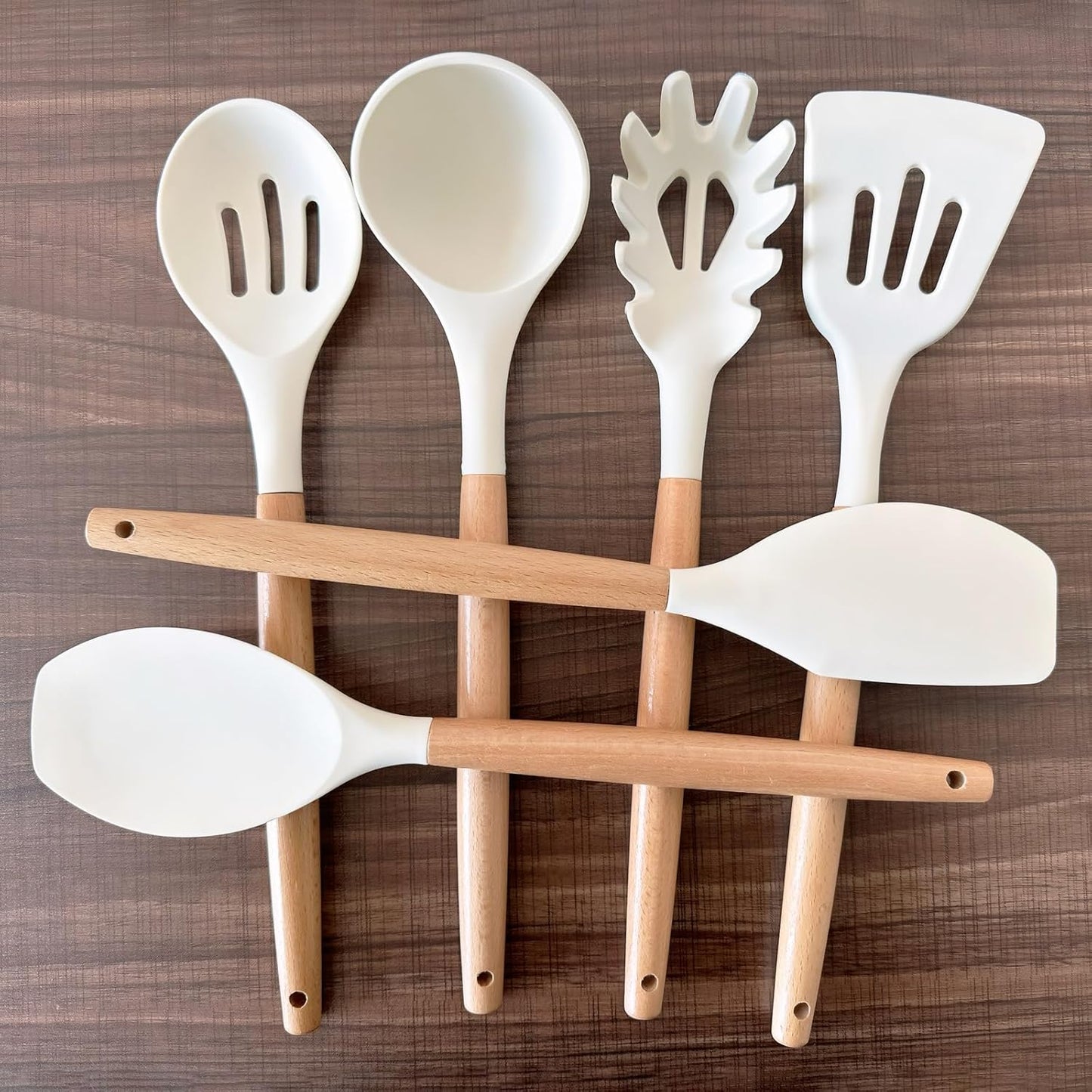 Kitchen Cooking Utensils Set 6Pcs Non-Stick Silicone Kitchen Utensils Spatula Spoon Turner Ladle Pasta Server, Heat Resistant Wooden Handle Silicone Cooking Gadgets Sets for Cookware & Baking