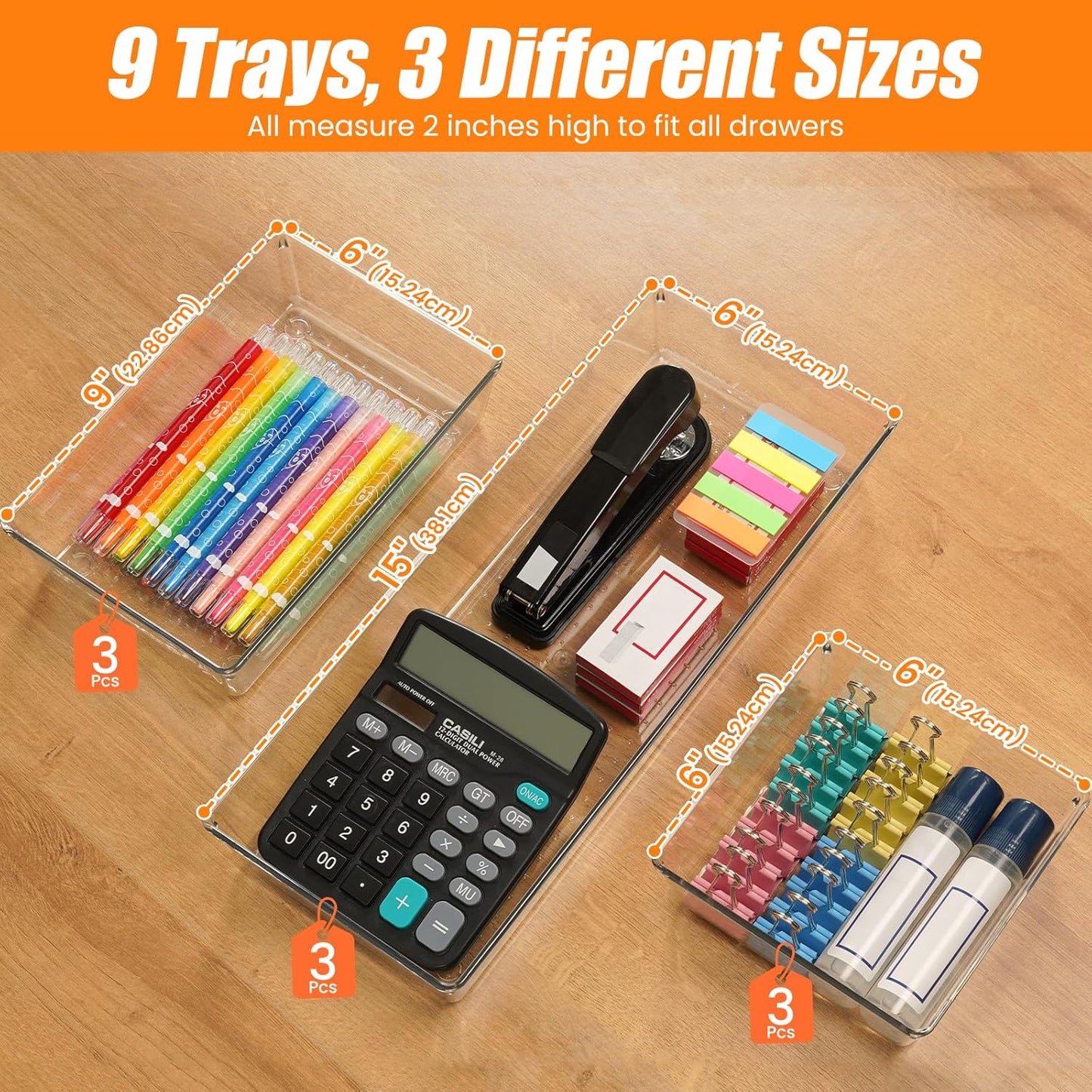 9 Pack Clear Plastic Drawer Organizer Set, Acrylic Non Slip Non Cracking Kitchen Drawer Storage Tray Large Size Divider, Multifunctional Storage for Cosmetics, Bathroom, Tools, Kitchen and Office