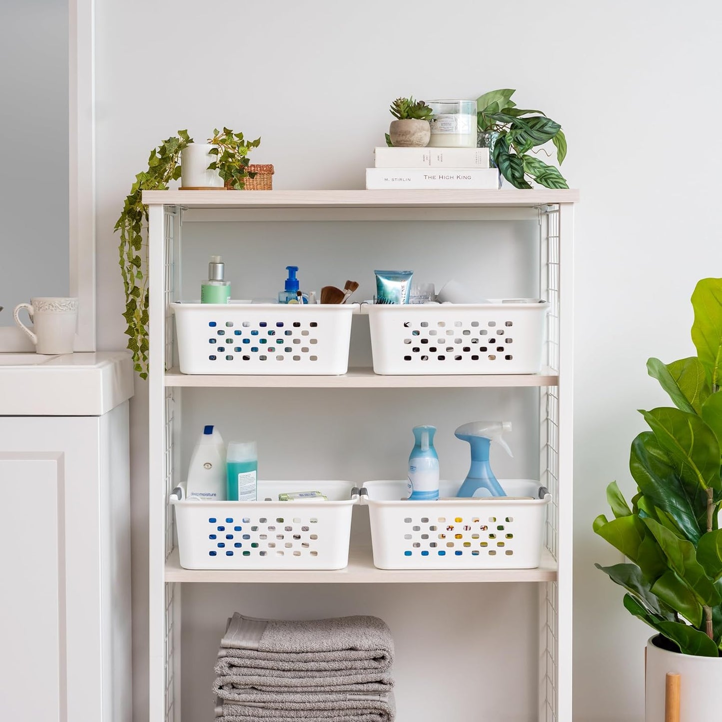 IRIS USA Plastic Basket, 4-Pack, Medium, Shelves Storage Basket for Organizing Pantry, Office, Craft Room, Cabinet, Bedroom, Closet, Laundry Room, White