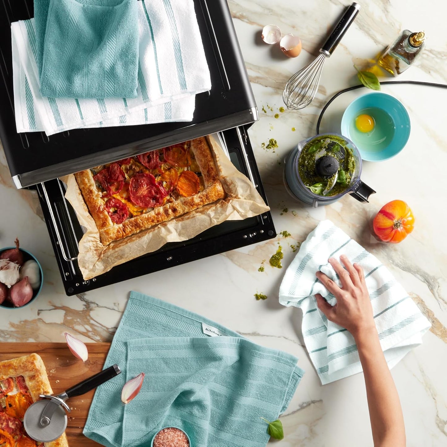 KitchenAid Albany Kitchen Towel 4-Pack Set, Mineral Water Aqua/White, 16"x26"