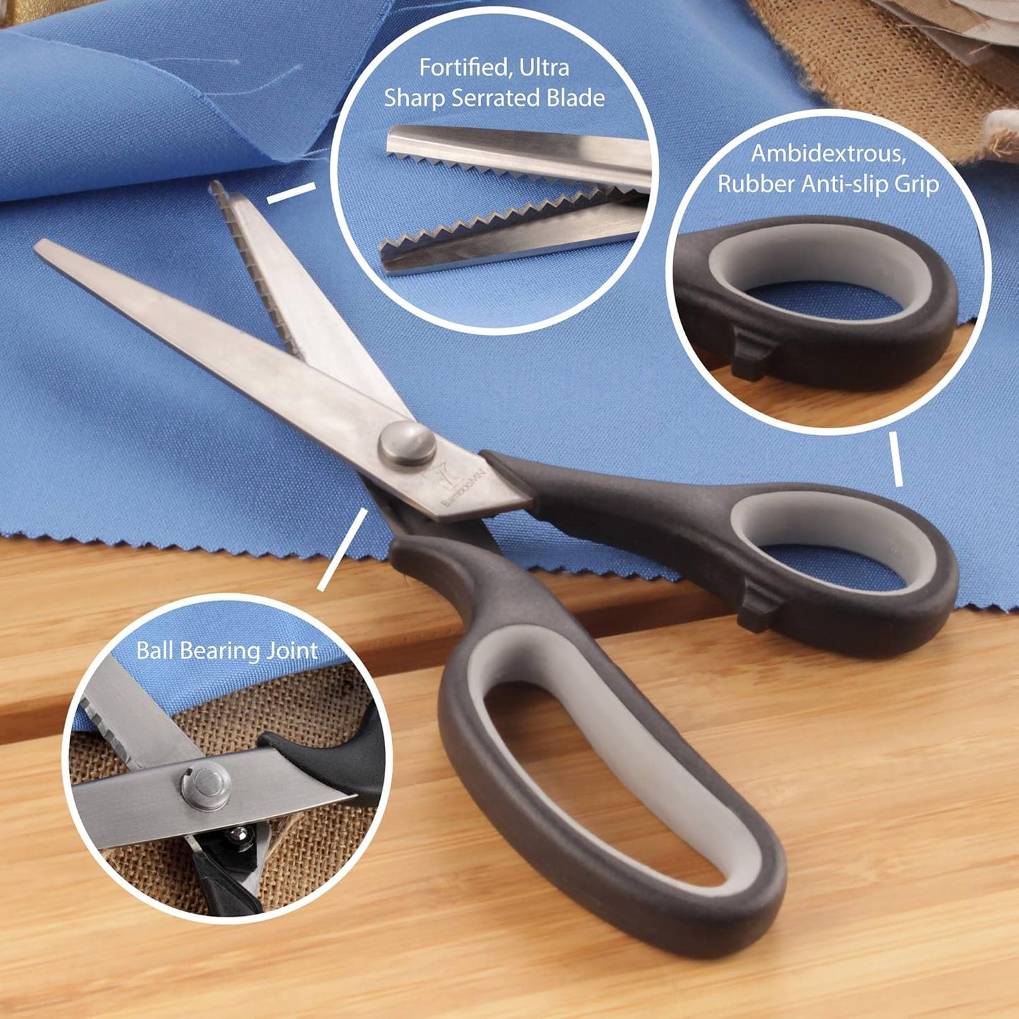 BambooMN Titanium Softgrip Scissors Set - Pinking, Sewing, Arts, Crafts, Office - 10 Sets of 4 - Black w/Grey Inlays