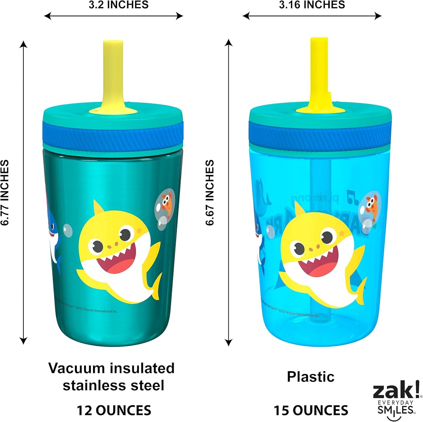 Zak Designs Baby Shark Kelso Tumbler Set, Leak-Proof Screw-On Lid with Straw, Bundle for Kids Includes Plastic and Stainless Steel Cups with Bonus Sipper (3pc Set, Non-BPA) (Pack of 12)