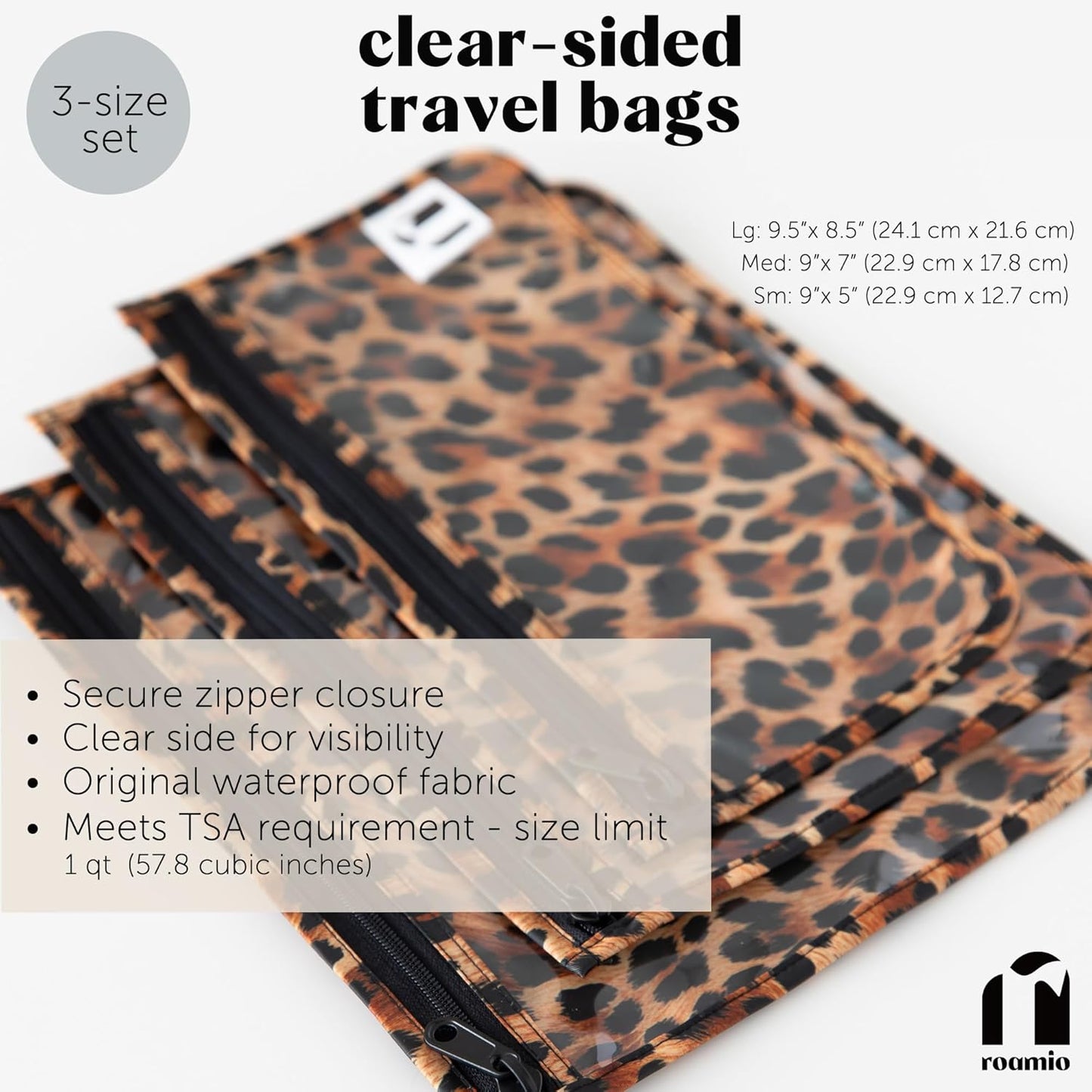 Roamio Travel Bag, Toiletry, TSA Approved Pouch, Zip Quart Size Airline Compliant, Clear-Sided, Baby, Diaper Bag Organization, Makeup, Accessories, Carry On Packing, Set of 3 Sizes, Leopard Print