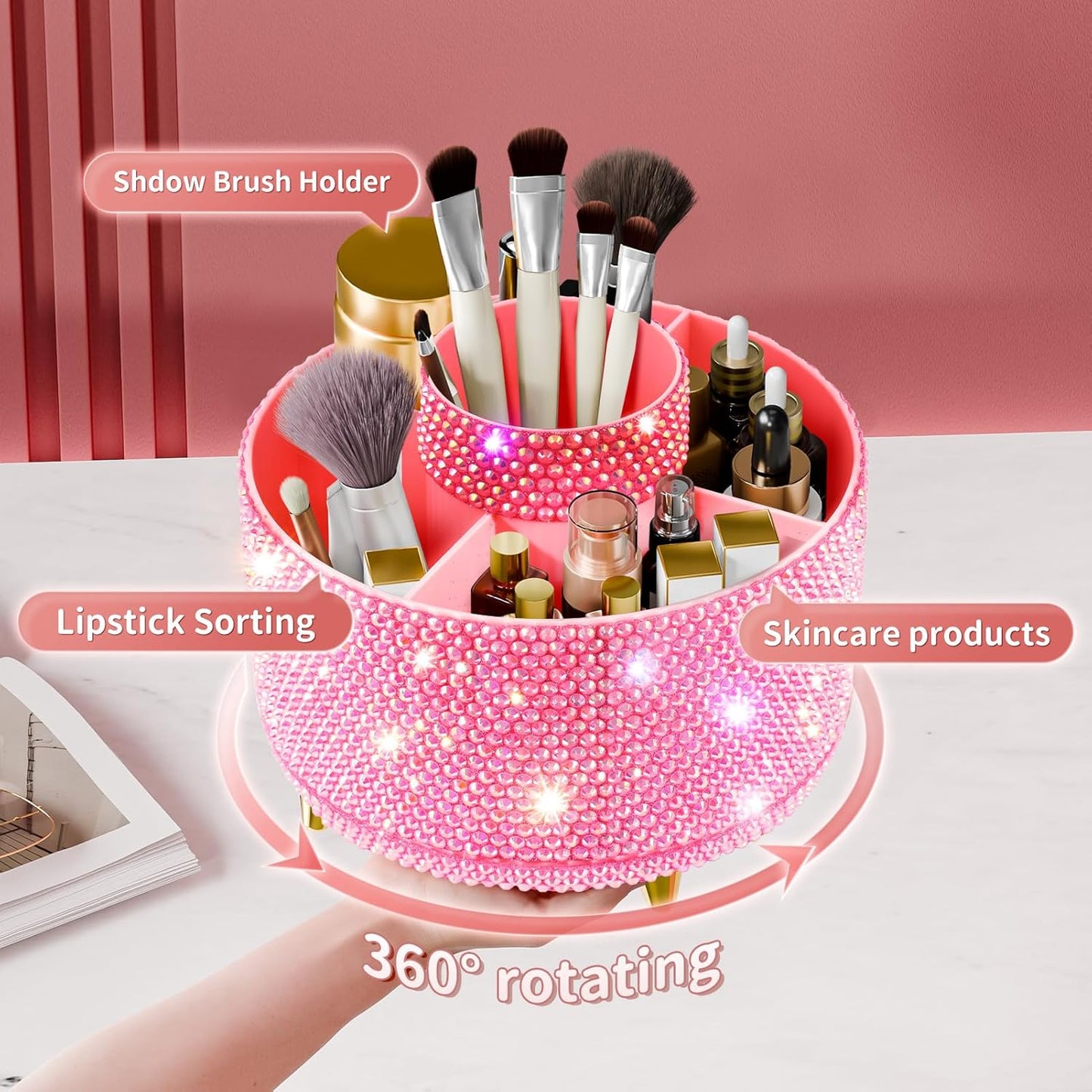 Bling 360° Rotate Makeup Brush Holder Organizer, Makeup Organizers Countertop, Makeup organization and Skincare Storage for Vanity, Gift for Women Girls (Bling dz-Pink)