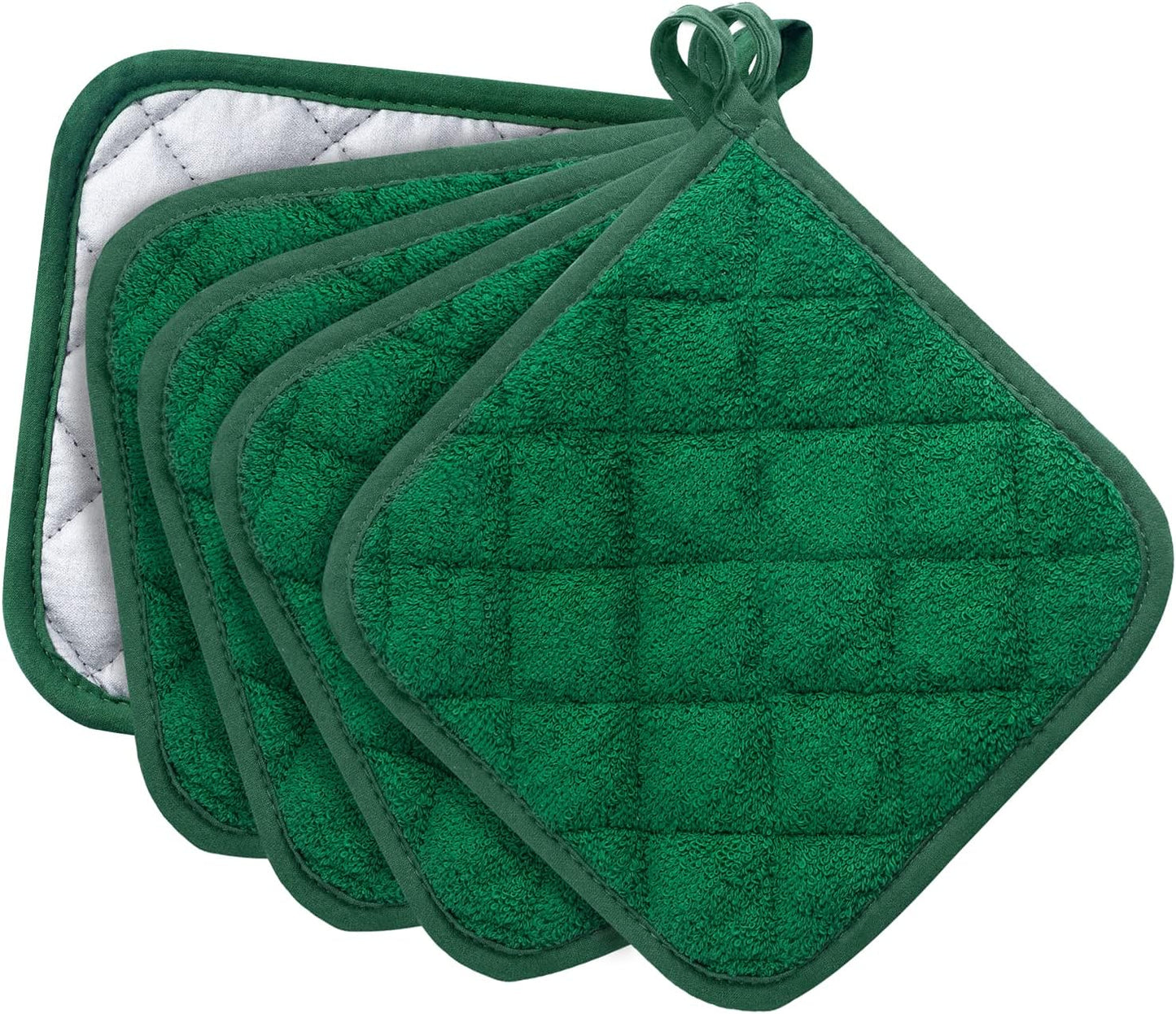 100% Cotton Kitchen Everyday Basic Terry Pot Holder Heat Resistant Coaster Potholder for Cooking and Baking Set of 5 Dark Green