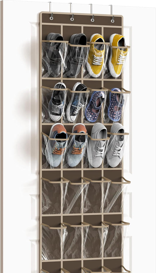 Simple Houseware 24 Pockets - Crystal Clear Over The Door Hanging Shoe Organizer, Brown (64'' x 19'')