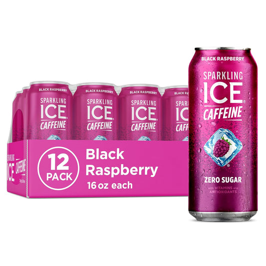 Sparkling Ice Caffeine Black Raspberry Sparkling Water with Caffeine, Zero Sugar, with Antioxidants and Vitamins,16 fl oz Cans (Pack Of 12)