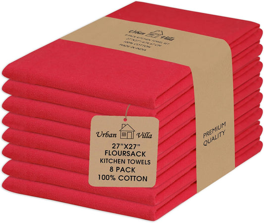 Urban Villa Flour Sack Red Kitchen Towels 100% Cotton Highly Absorbent Dish Towels for Bread Proofing Baking Drying Dinnerware Glass Embroidery DIY Projects Zero Lint 27x27 Inches (8 Pack)