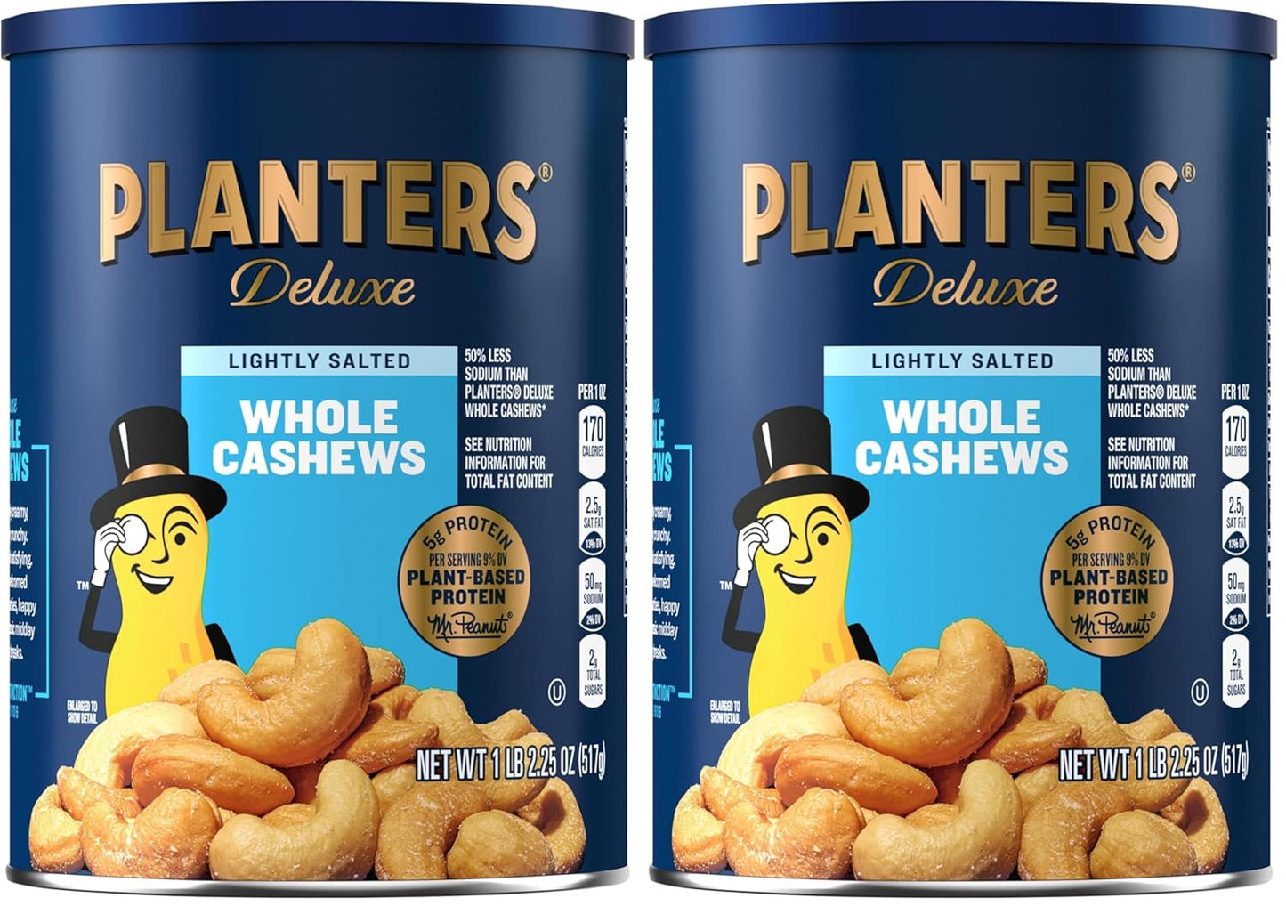 PLANTERS Deluxe Lightly Salted Cashews, Party Snacks, Plant-Based Protein, Quick Snack for Adults, After School Snack, Flavored with Sea Salt, Kosher, 1lb 2.25oz (Pack of 2)