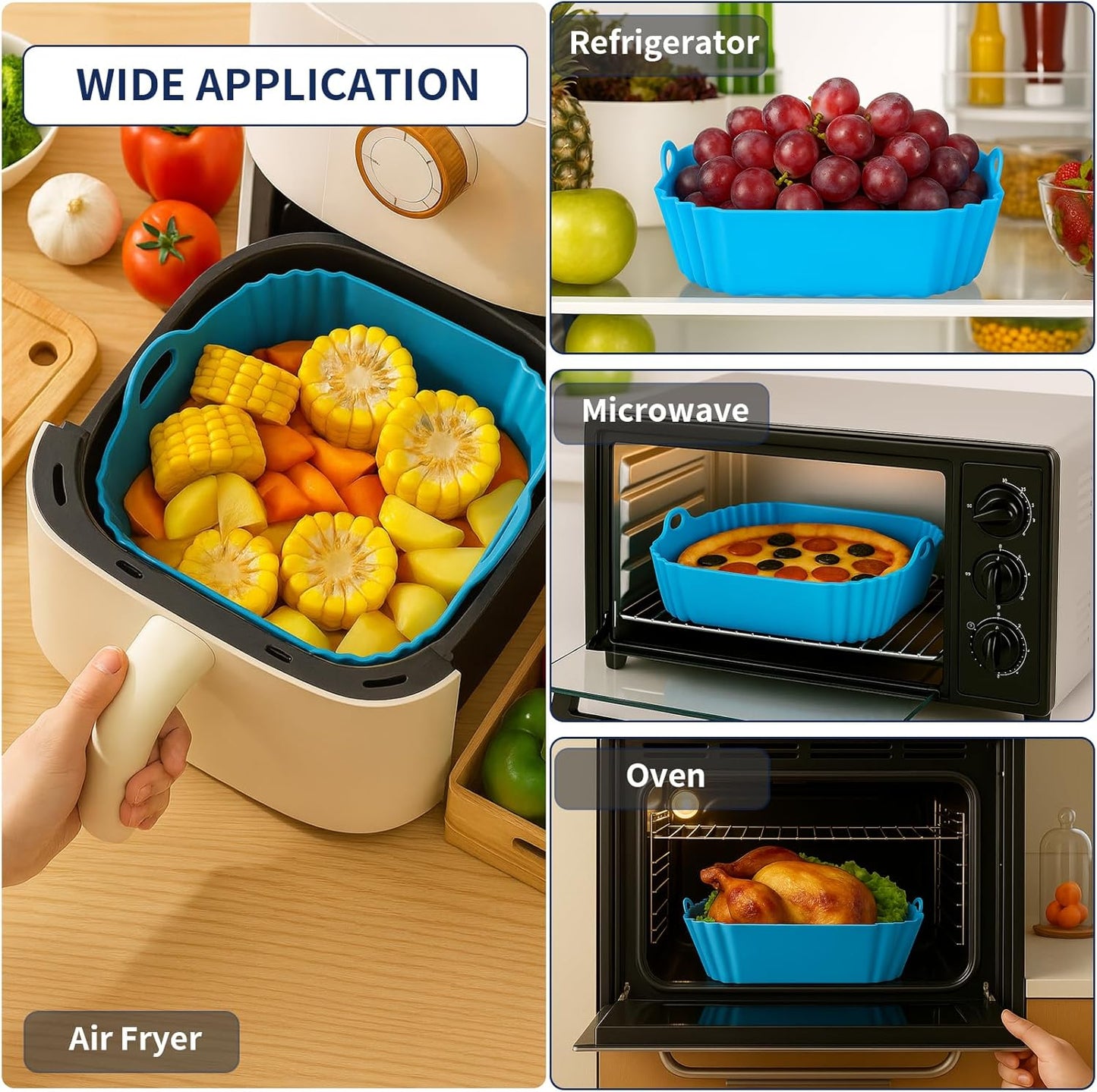 9 Inch Large Air Fryer Silicone Liners - 2 PCS Square Reusable AirFryer Basket Liners for 5-8QT Air fryer, Air fryer Accessories for Baking Roasting Microwave (Red + Blue)