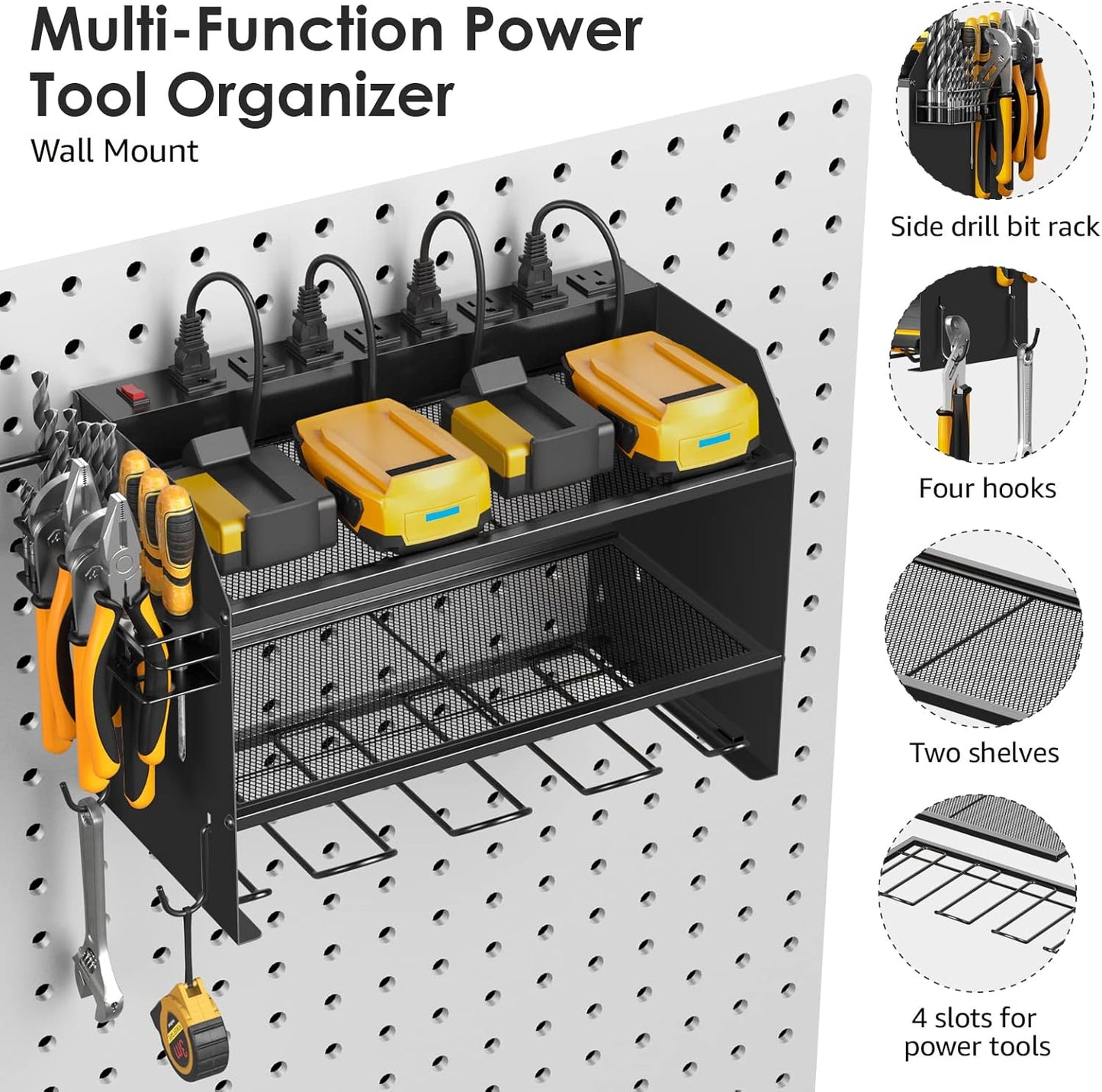 CCCEI Modular Power Tool Organizer Wall Mount with Charging Station. Garage Drill Storage Shelf with Hooks, Heavy Duty Rack, Tool Battery Holder Built in 8 Outlet. Gift for Men. Black, 1 Pack.
