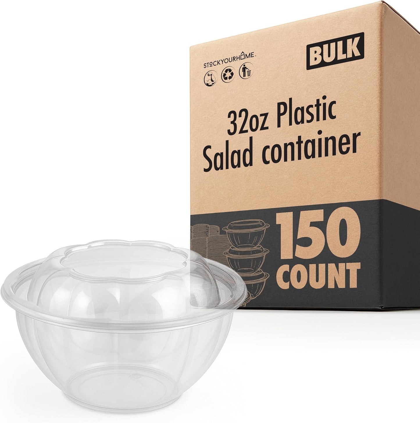 Stock Your Home 32oz Clear Plastic Salad Bowls with Lids Disposable (150 Pack) – Medium Takeout Containers with Snap-On Lids for Salads, Meal Prep, Acai Bowls, Fruit, To-Go Parties