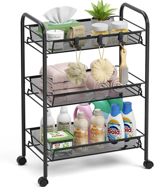 TOOLF 3-Tier Metal Rolling Cart, Mesh Wire Easy Assemble Utility Cart, Storage Trolley on Wheels with 3 Hooks, MetalStorage Shelving Units for Kitchen Bathroom Laundry Room