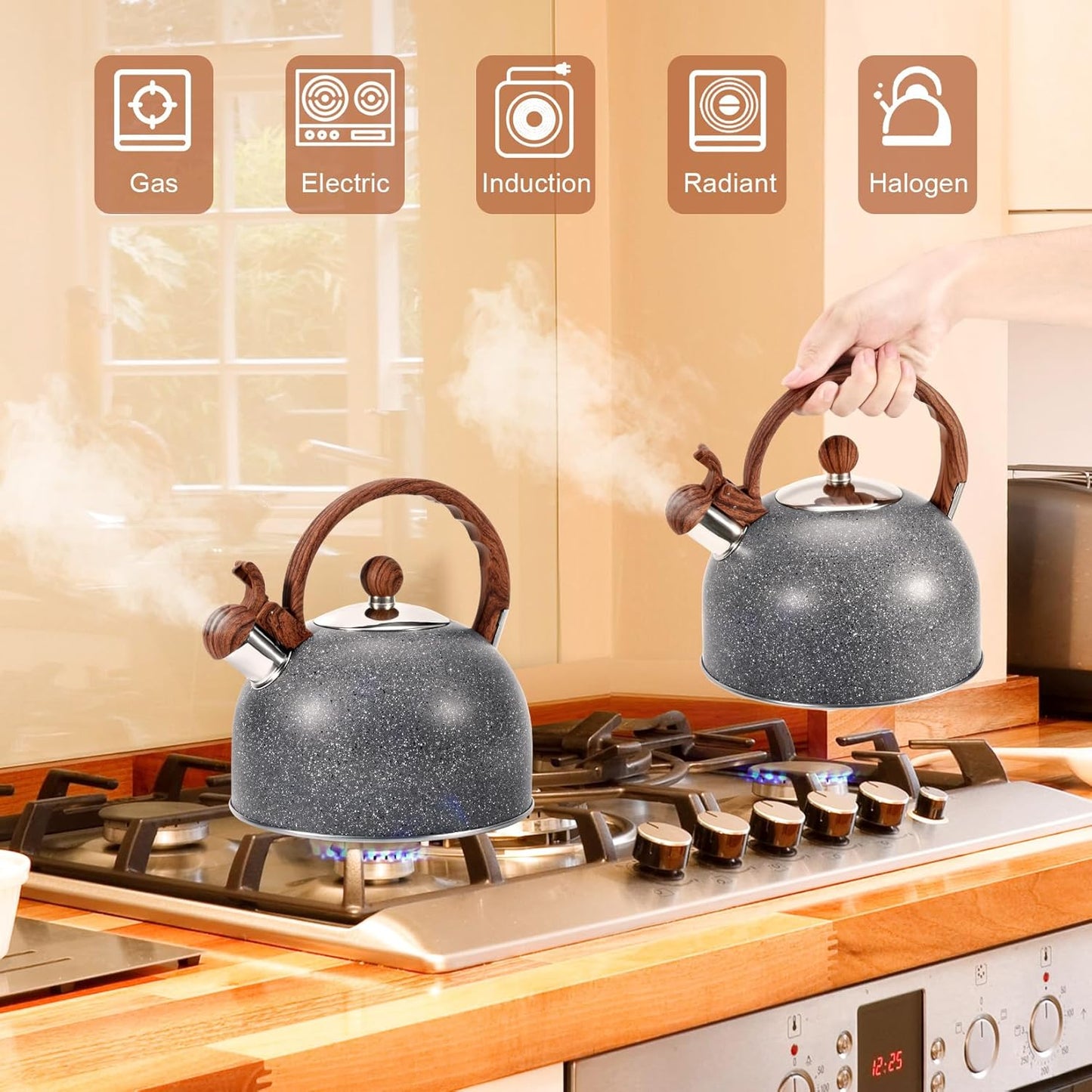 GGC 2.7QT/3L Whistling Tea Kettles for Stove Top, Stainless Steel Tea Kettle with for Boiling Water Milik or Coffee, Starry Gray Tea Pots with Wooden Anti Heat Handle