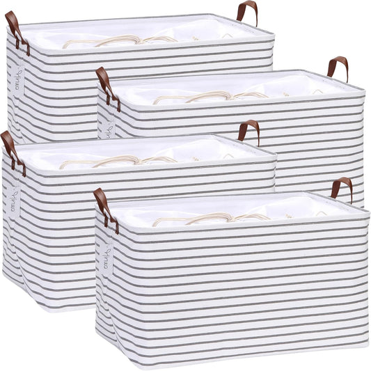 Hinwo 4-Pack Extra Large Canvas Fabric Storage Baskets with Handles, 70L Oversized Storage Bins, Collapsible Storage Box, Clothes, Toys, Blankets Organizers, 22 x 15 x 13 inches, (Grey Stripe)
