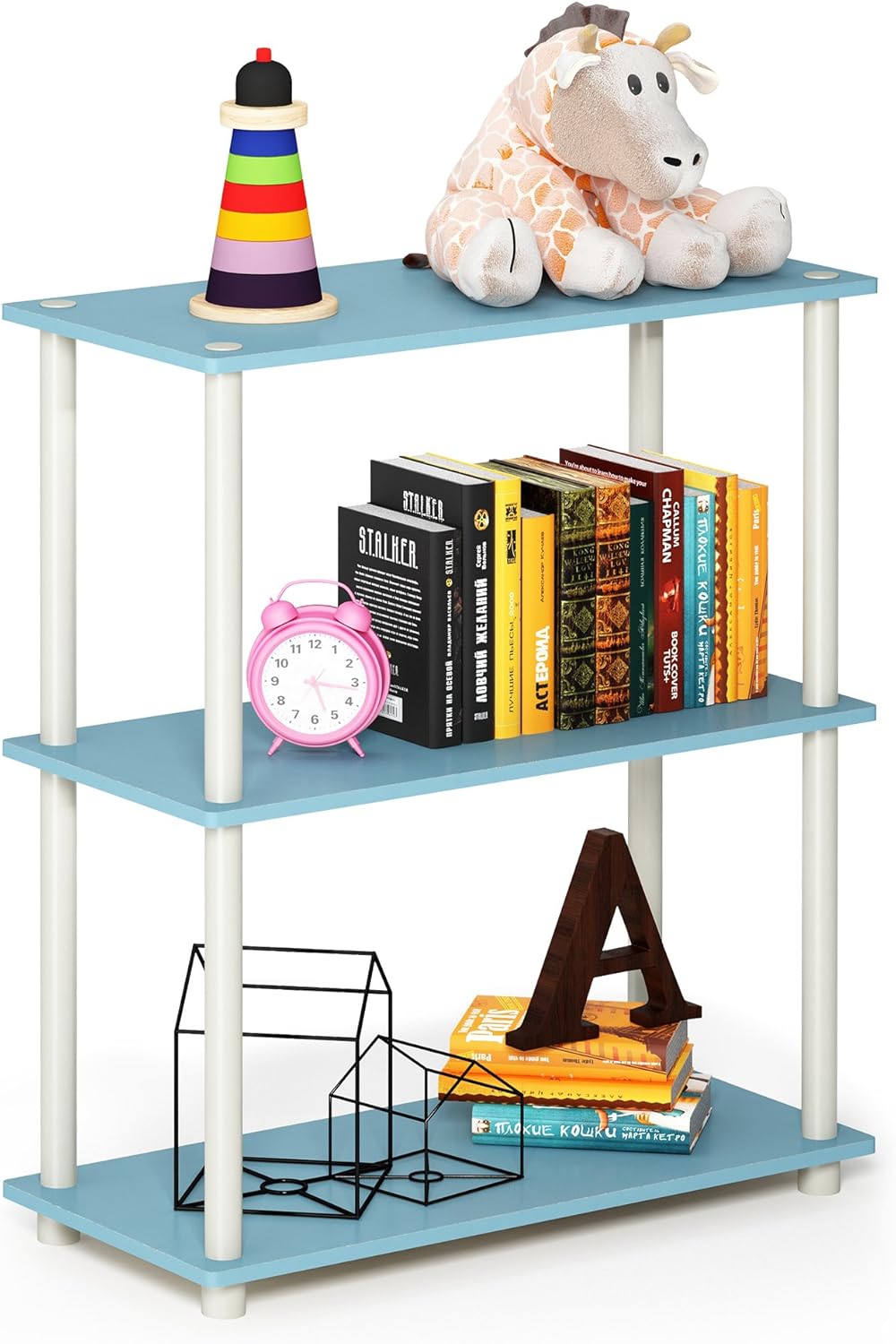 Furinno TURN-N-TUBE Storage Shelves, 3-Tier Book Shelf, Corner Shelf, Toolless Open Shelves, for Organization and Storage, Living Room, Garage, Home Office, Light Blue