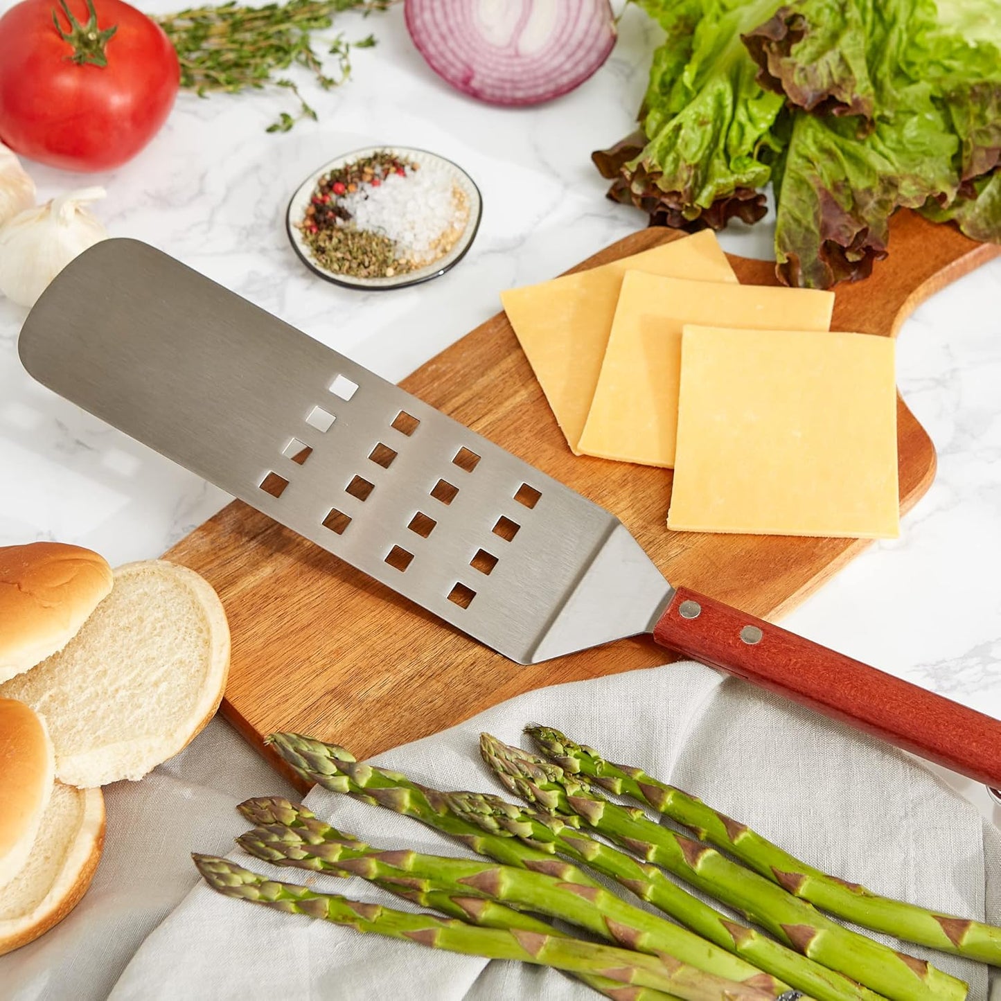 RSVP International Endurance (BQ-FLP) BBQ Long Spatula Flipper, 16.25" | Flip Burgers & Other Food w/ Long Handle that Keeps Hands Safe from Fire | Made from Stainless Steel & Rosewood