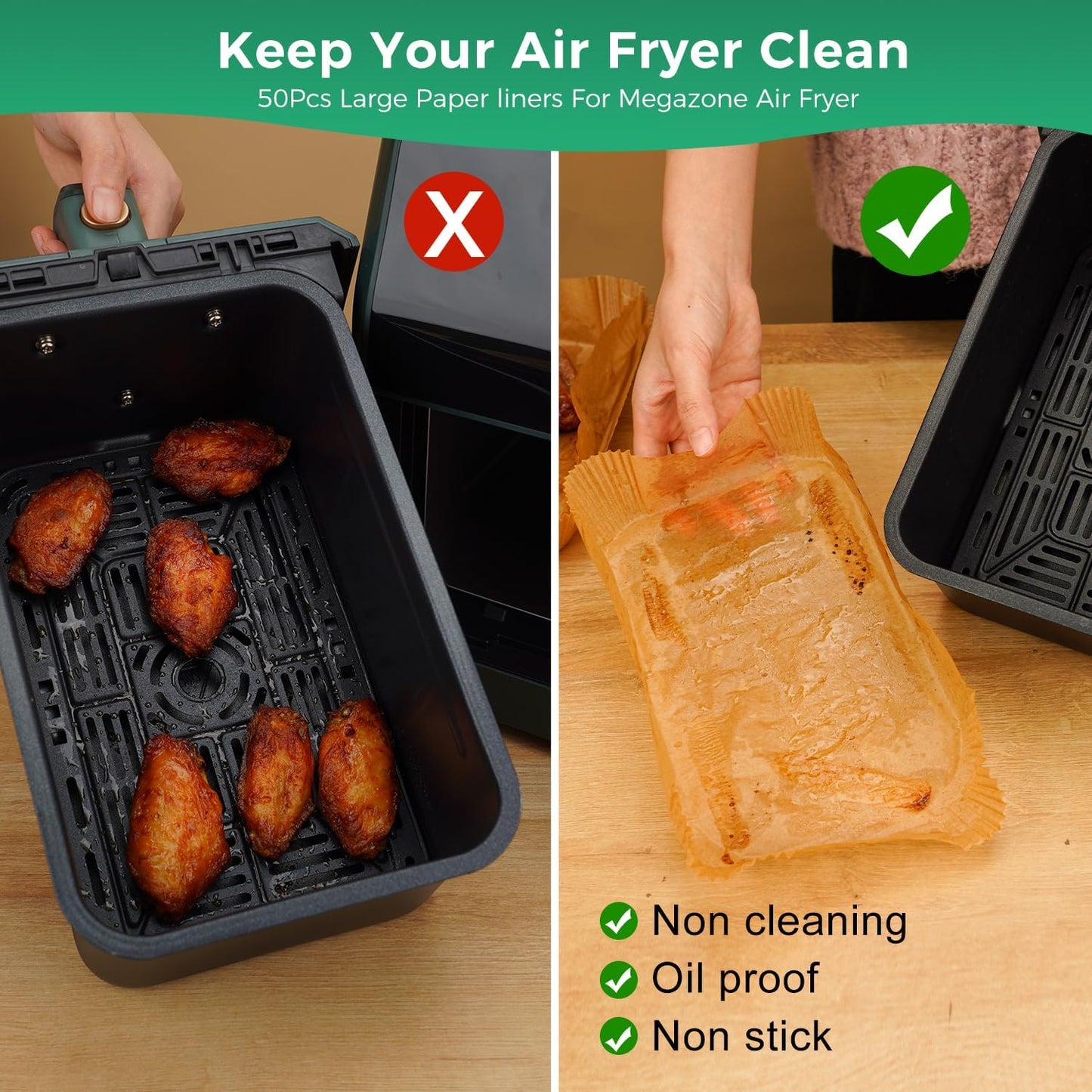 Vailnd Air Fryer Liners Disposable for Ninja DZ071 Foodi 7-QT/Instant Pot VersaZone 9QT/Topzee 11-QT Air Fryer, 100PCS Small Parchment Paper for Divider Basket & 50PCS Large Paper Liners for MegaZone