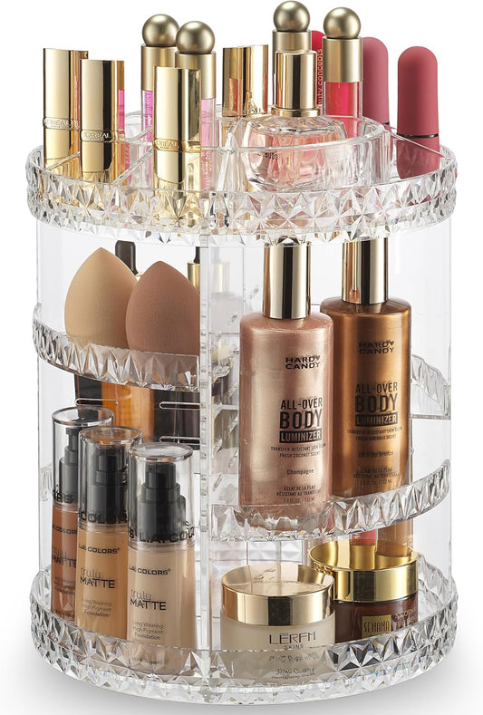360 Rotating Makeup Organizer Diamond Design - Adjustable Shelf Height and Fully Rotatable - The Perfect Round Spinning Cosmetic Organizer for Bedroom Dresser or Vanity Countertop Storage (Clear)