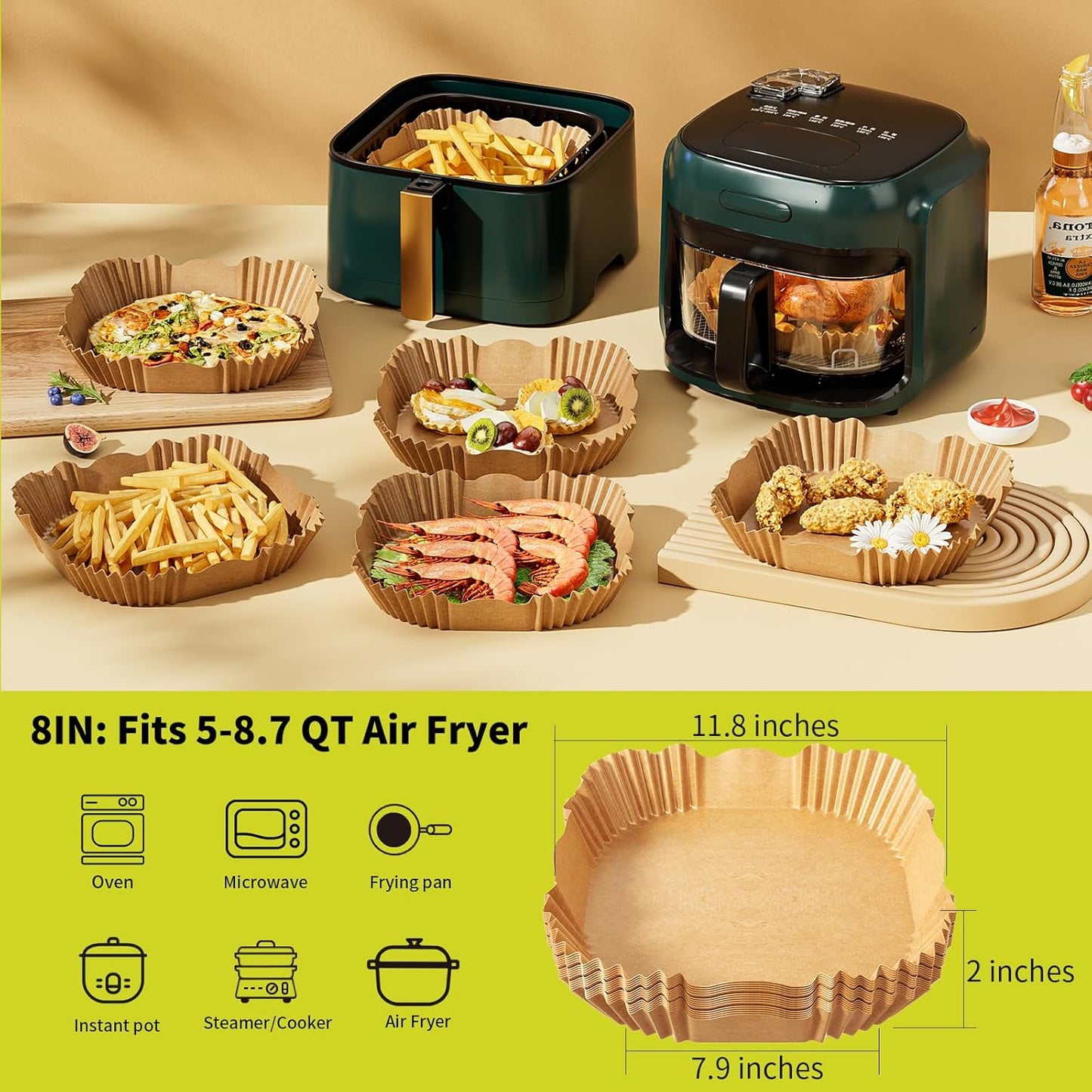 100 PCS Air Fryer Disposable Paper Liners,8 Inch Square Parchment Disposable Paper Liner for 5-8QT Air Fryer,Baking, Roasting and Microwave, Non-Stick Airfryer Accessories