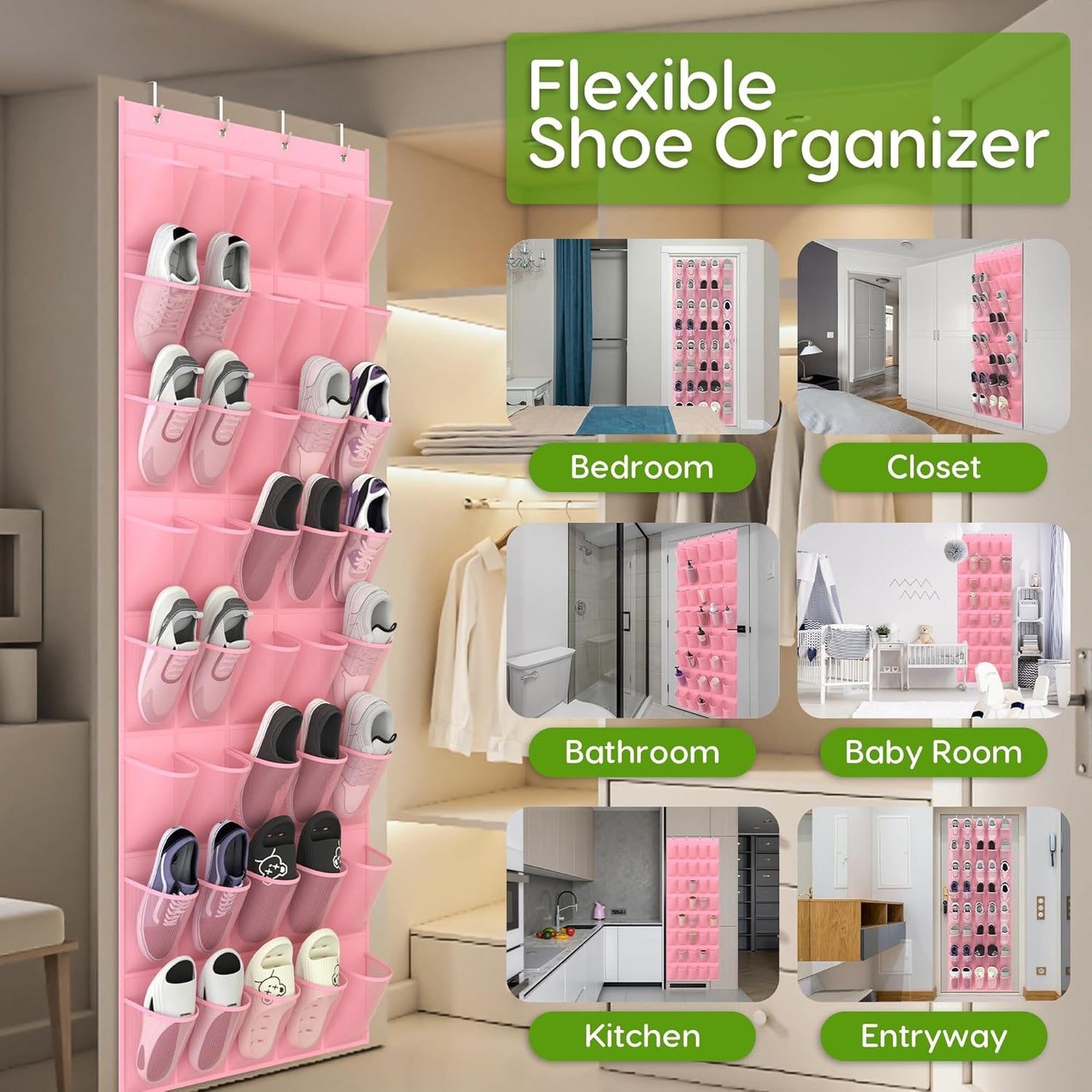 Unjumbly Over the Door Shoe Organizer with 40 Large Breathable Mesh Pockets, Space Saving Shoe Holder, Hanging Shoe Rack for Entryway Bedroom Closet Storage (Pink, 40 Pockets)