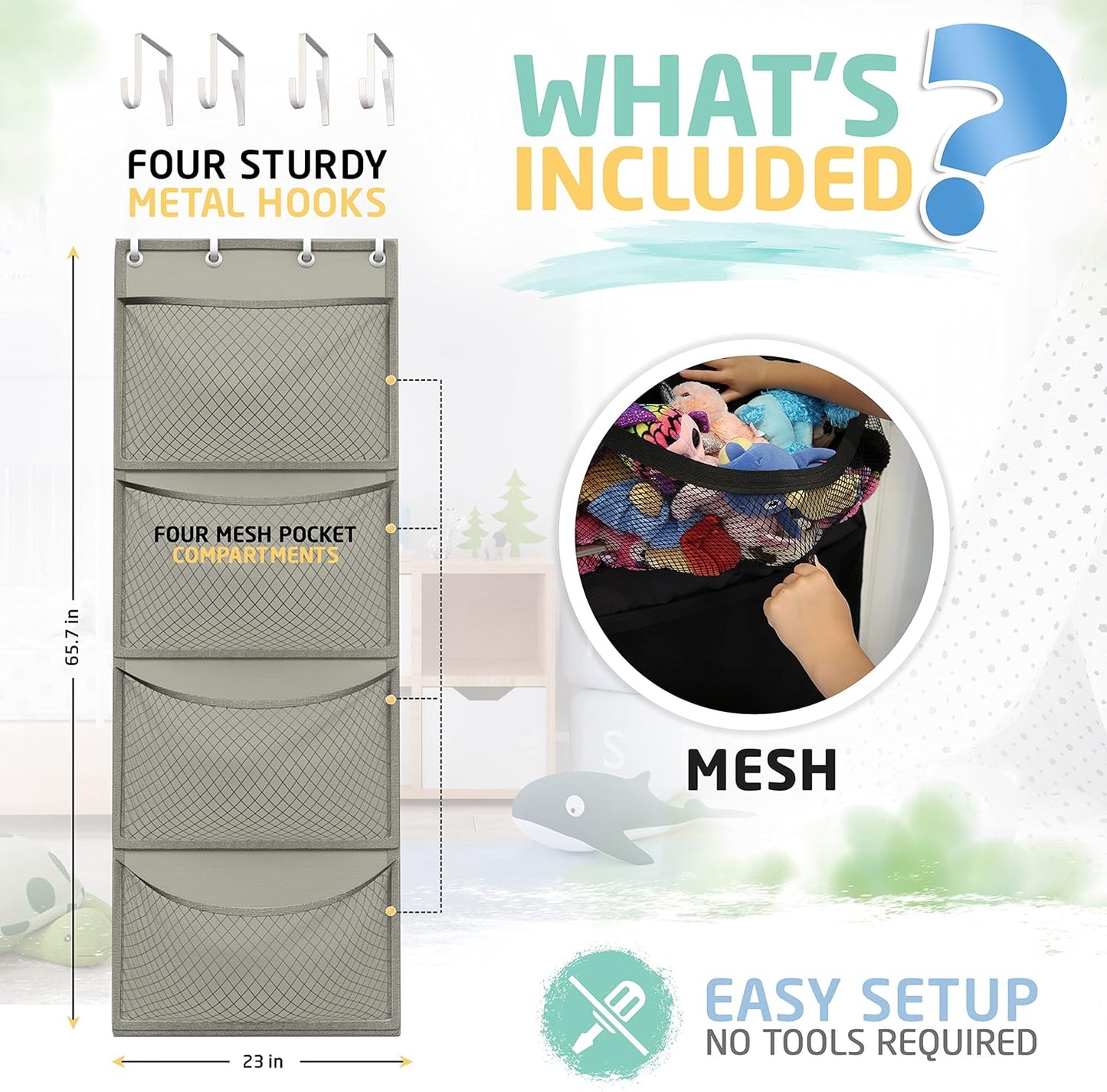 Honeyera Over Door Organizer for Stuffies, Baby Accessories, and Toy Plush Storage - Easy Installation with Breathable Hanging Storage Pockets (Gray)